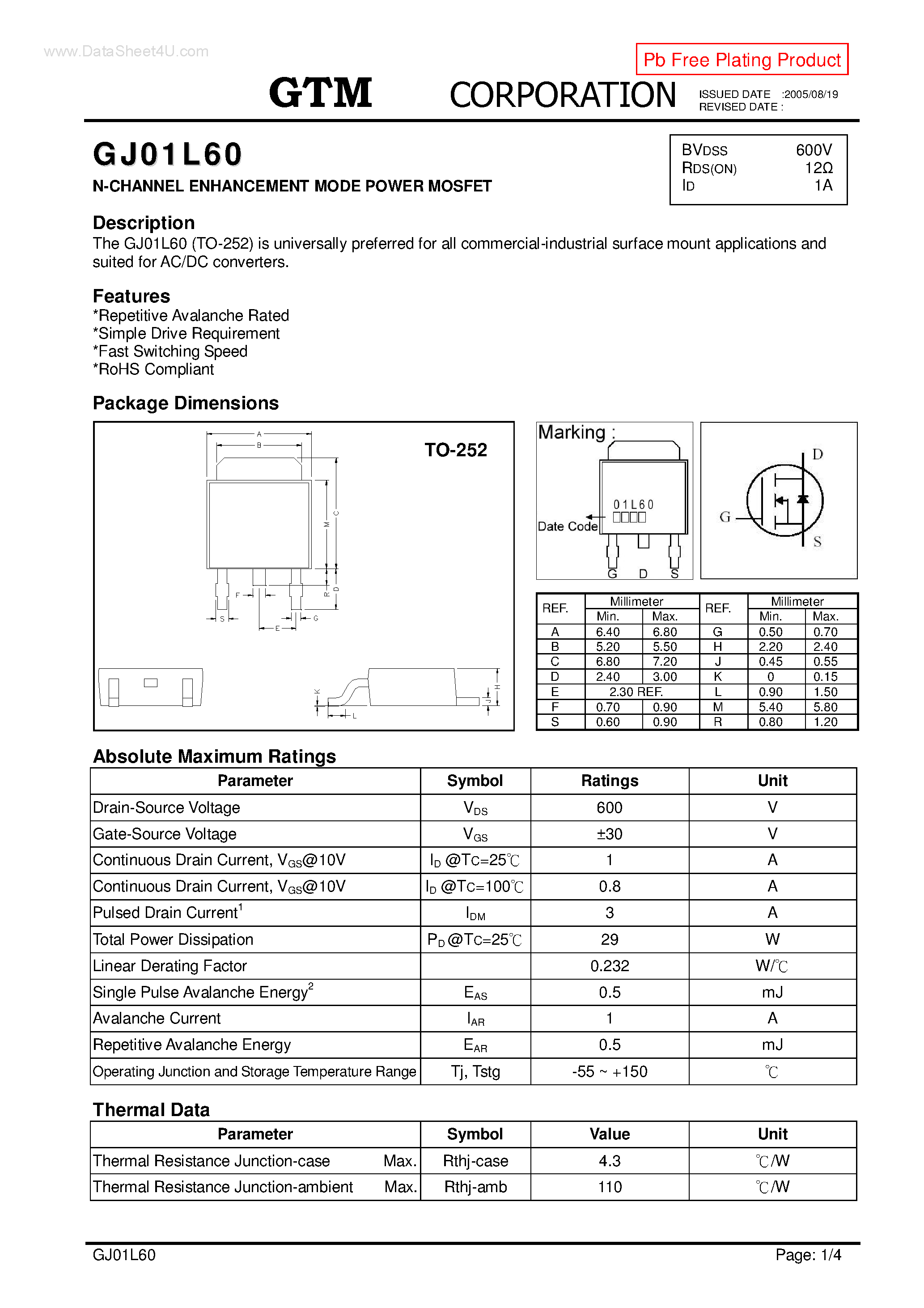 Datasheet GJ01L60 - N-CHANNEL ENHANCEMENT MODE POWER MOSFET page 1