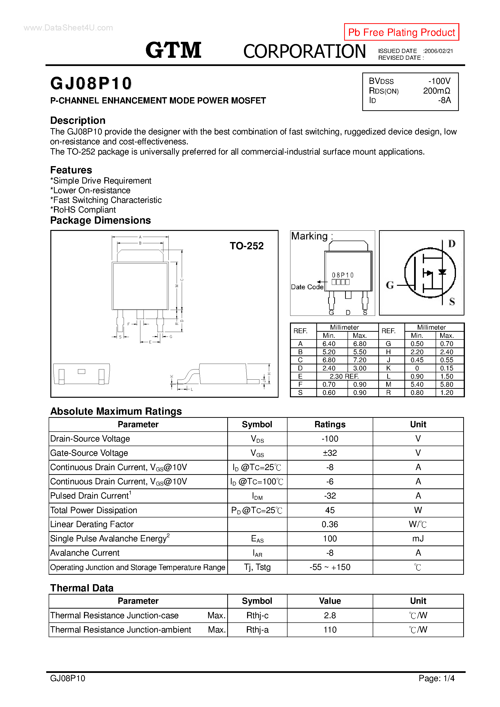 Datasheet GJ08P10 page 1 Datasheet GJ08P10 - P-CHANNEL ENHANCEMENT MODE POWER MOSFET page 1