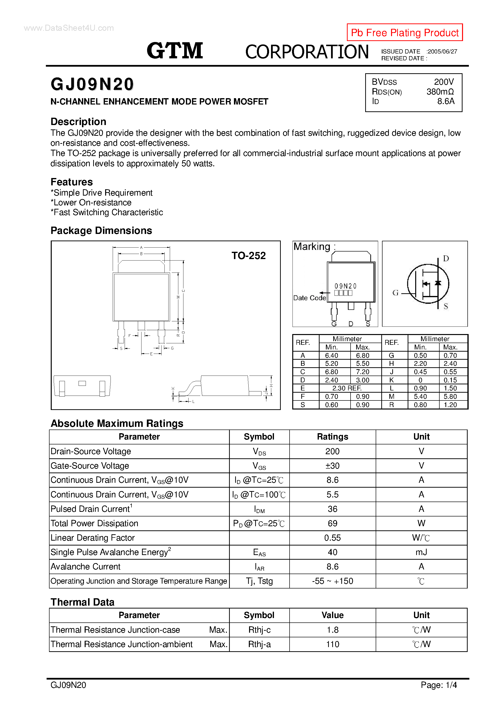 Datasheet GJ09N20 page 1 Datasheet GJ09N20 - N-CHANNEL ENHANCEMENT MODE POWER MOSFET page 1