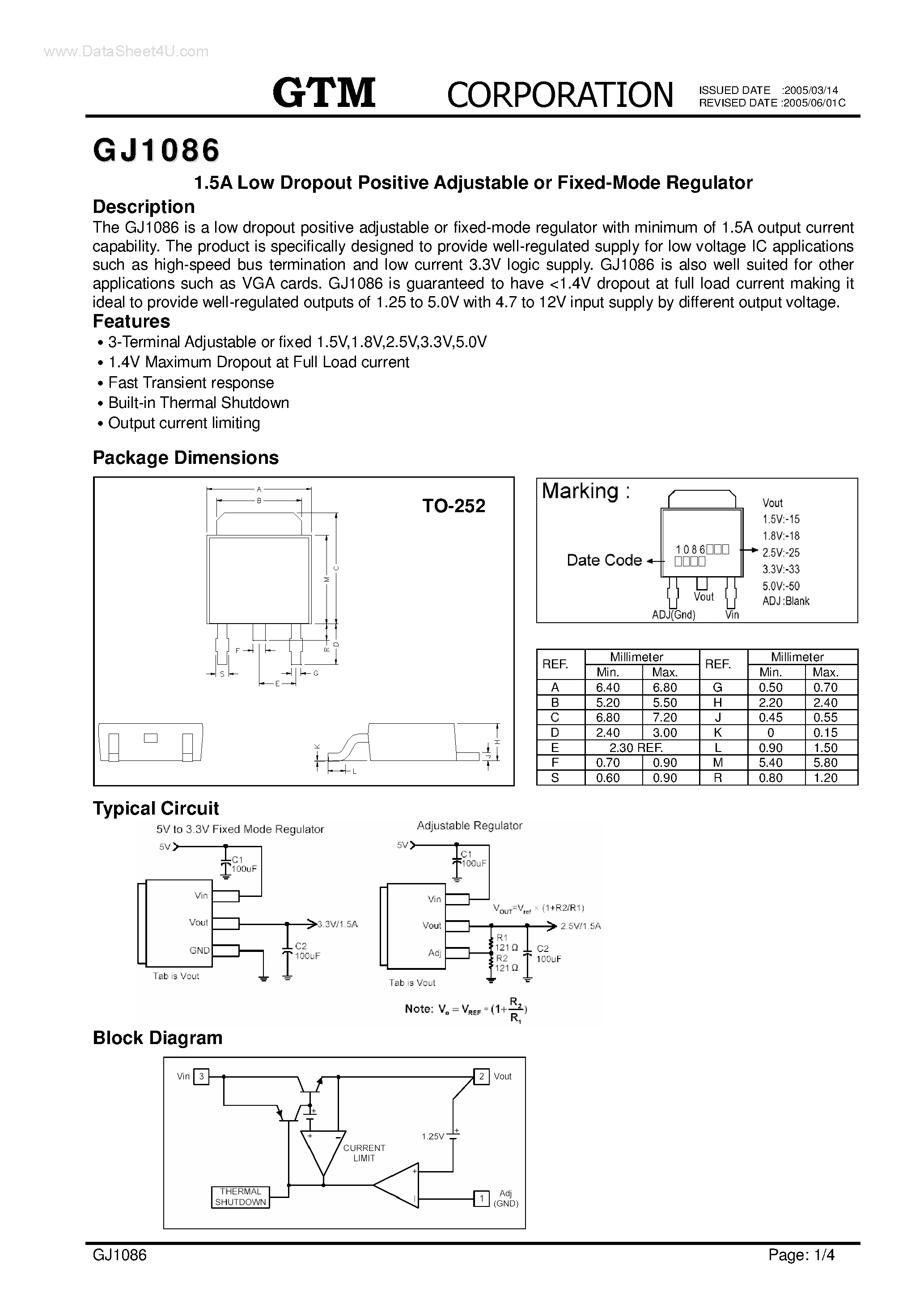 Даташит на микросхему GJ1086 страница 1 Даташит GJ1086 - 1.5A Low Dropout Positive Adjustable страница 1