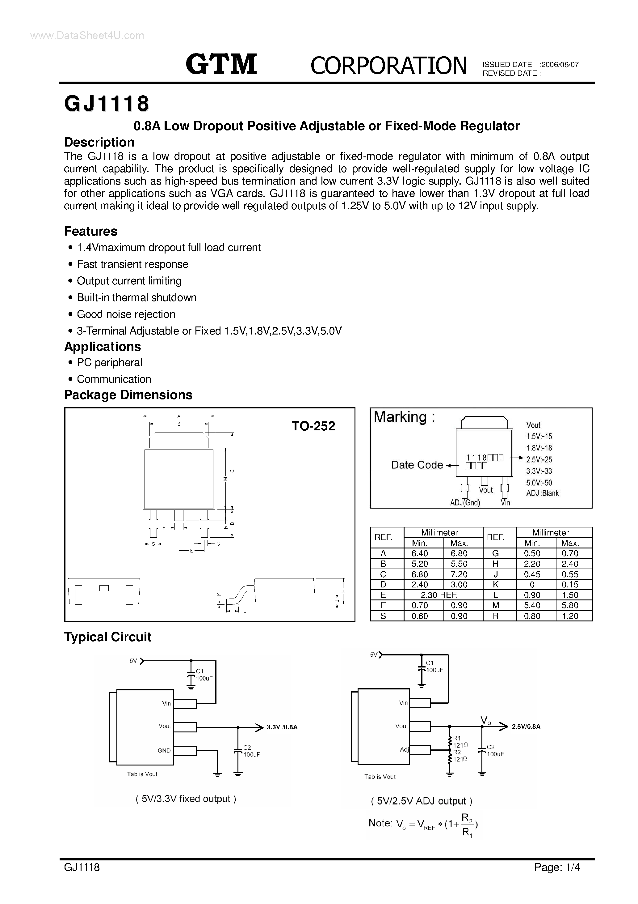 Datasheet GJ1118 page 1 Datasheet GJ1118 - 0.8A Low Dropout Positive Adjustable page 1
