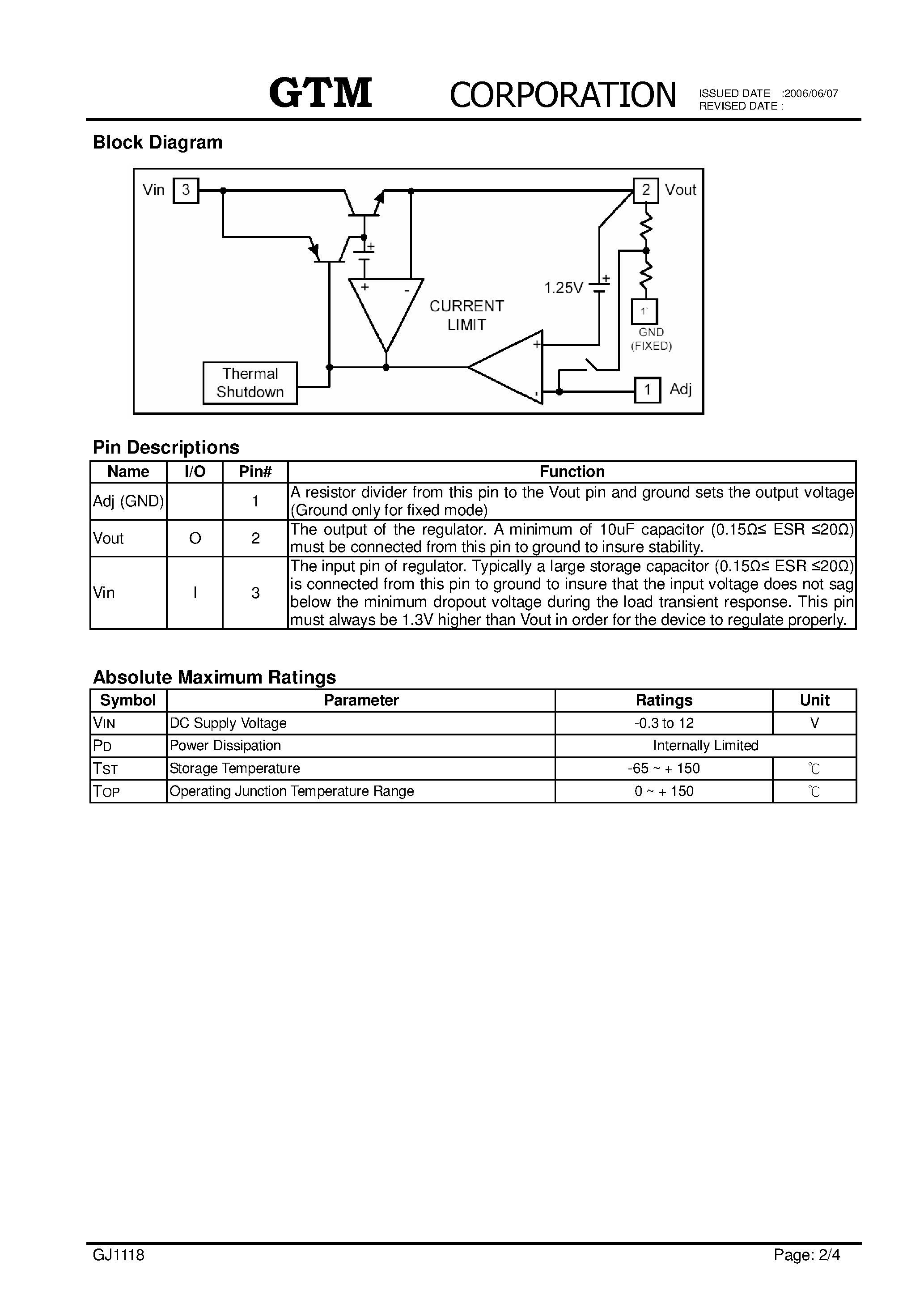 Datasheet GJ1118 page 2 Datasheet GJ1118 - 0.8A Low Dropout Positive Adjustable page 2