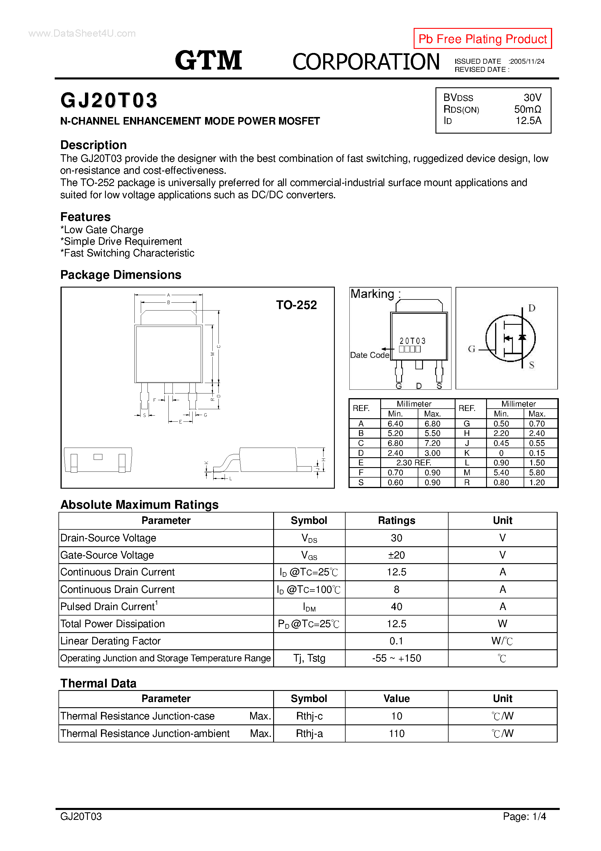 Datasheet GJ20T03 page 1 Datasheet GJ20T03 - N-CHANNEL ENHANCEMENT MODE POWER MOSFET page 1