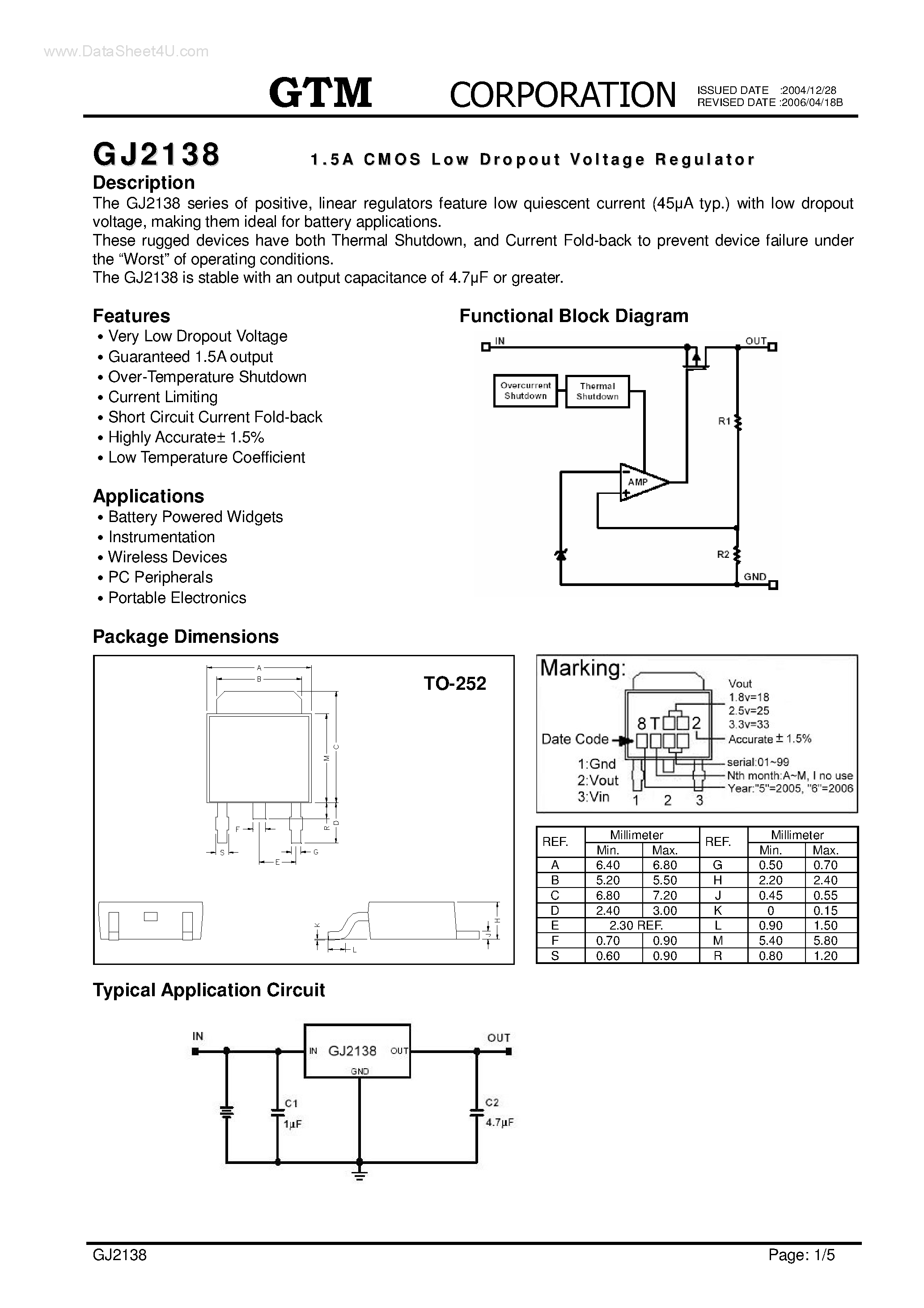 Datasheet GJ2138 - 1.5 A LOW DROPOUT VOLTAGE REGULATOR page 1