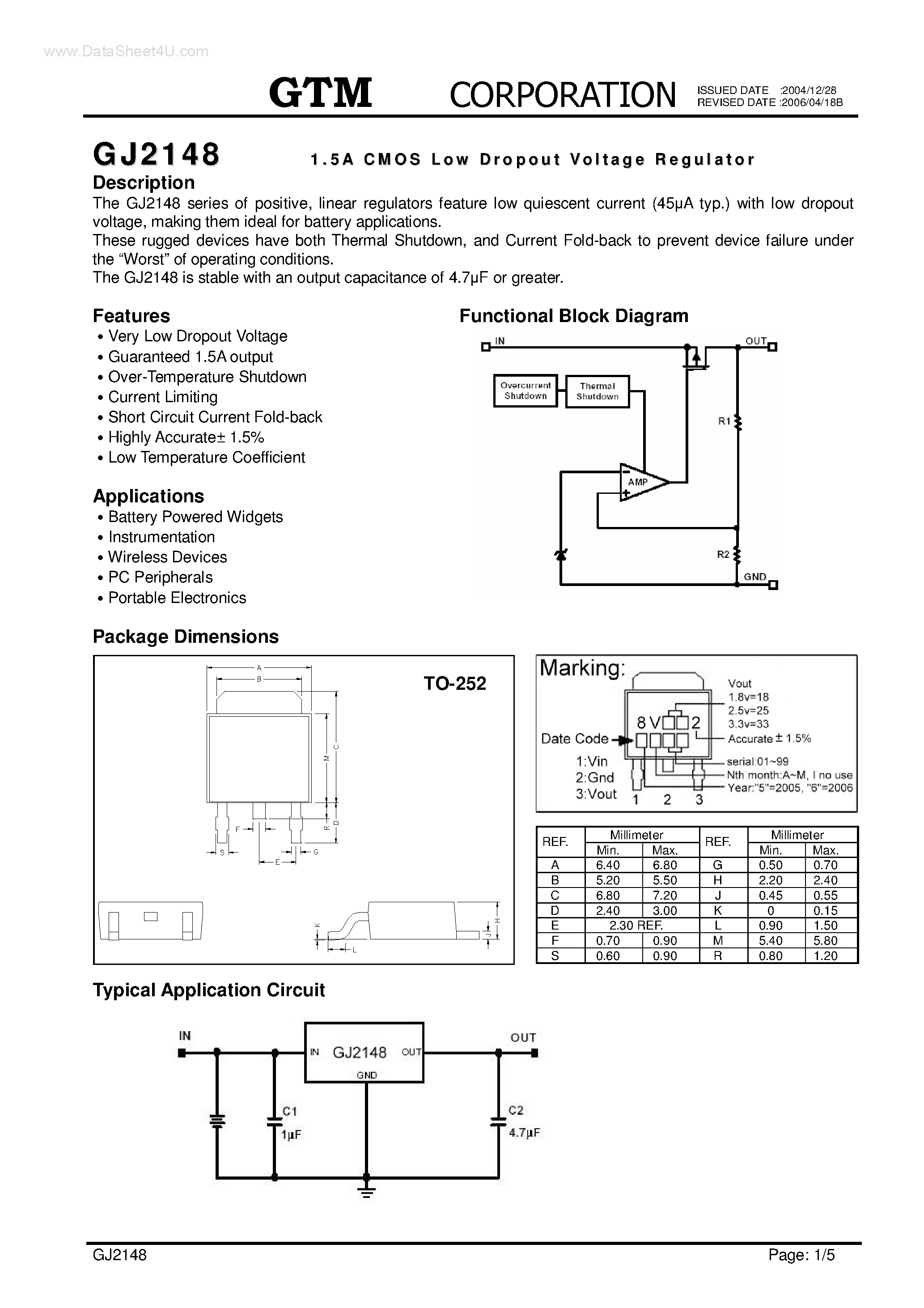 Даташит на микросхему GJ2148 страница 1 Даташит GJ2148 - 1.5A LOW DROPOUT VOLTAGE REGULATOR страница 1