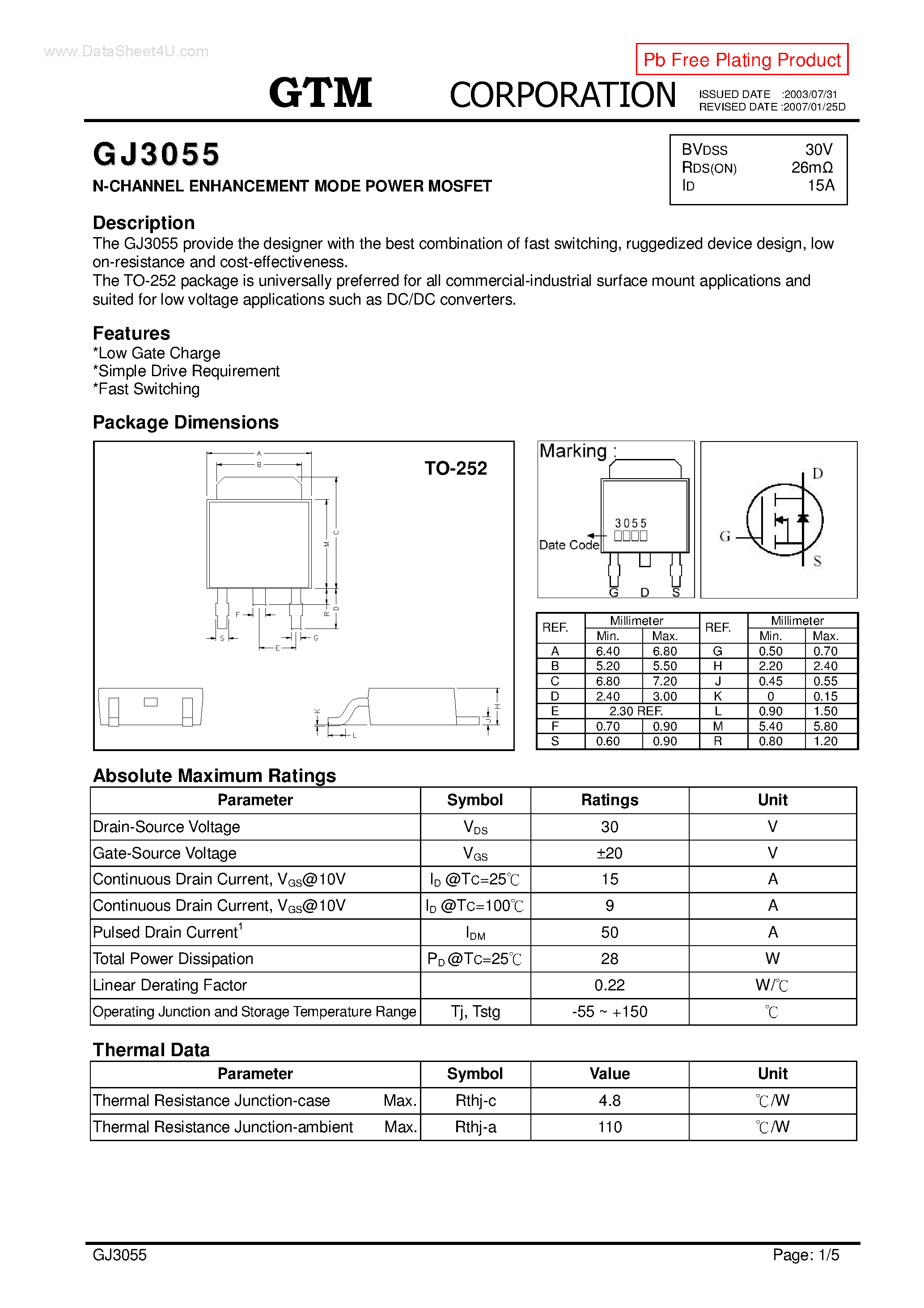 Datasheet GJ3055 page 1 Datasheet GJ3055 - N-Channel Enhancement Mode Power MOSFET page 1
