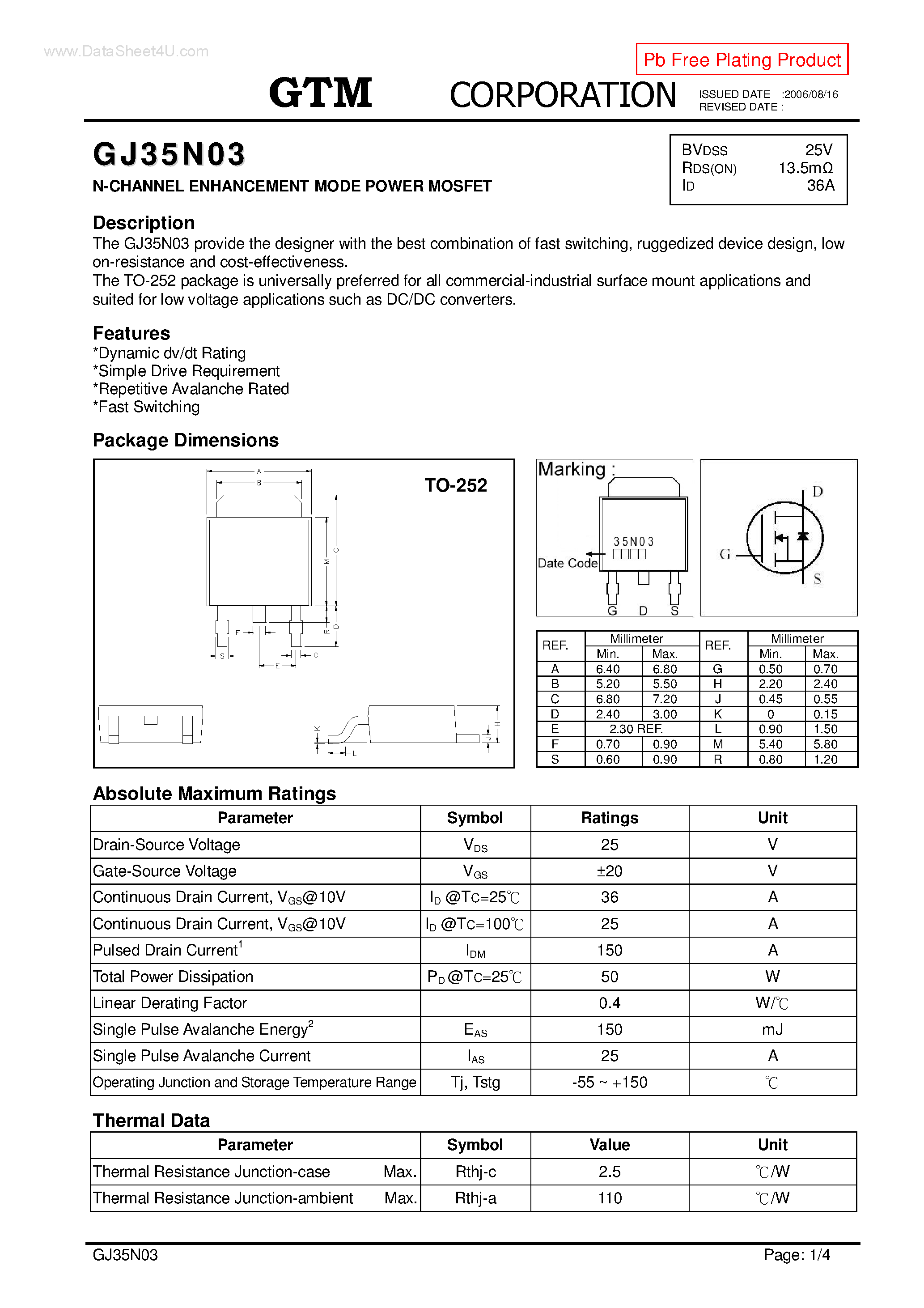 Datasheet GJ35N03 - N-CHANNEL ENHANCEMENT MODE POWER MOSFET page 1