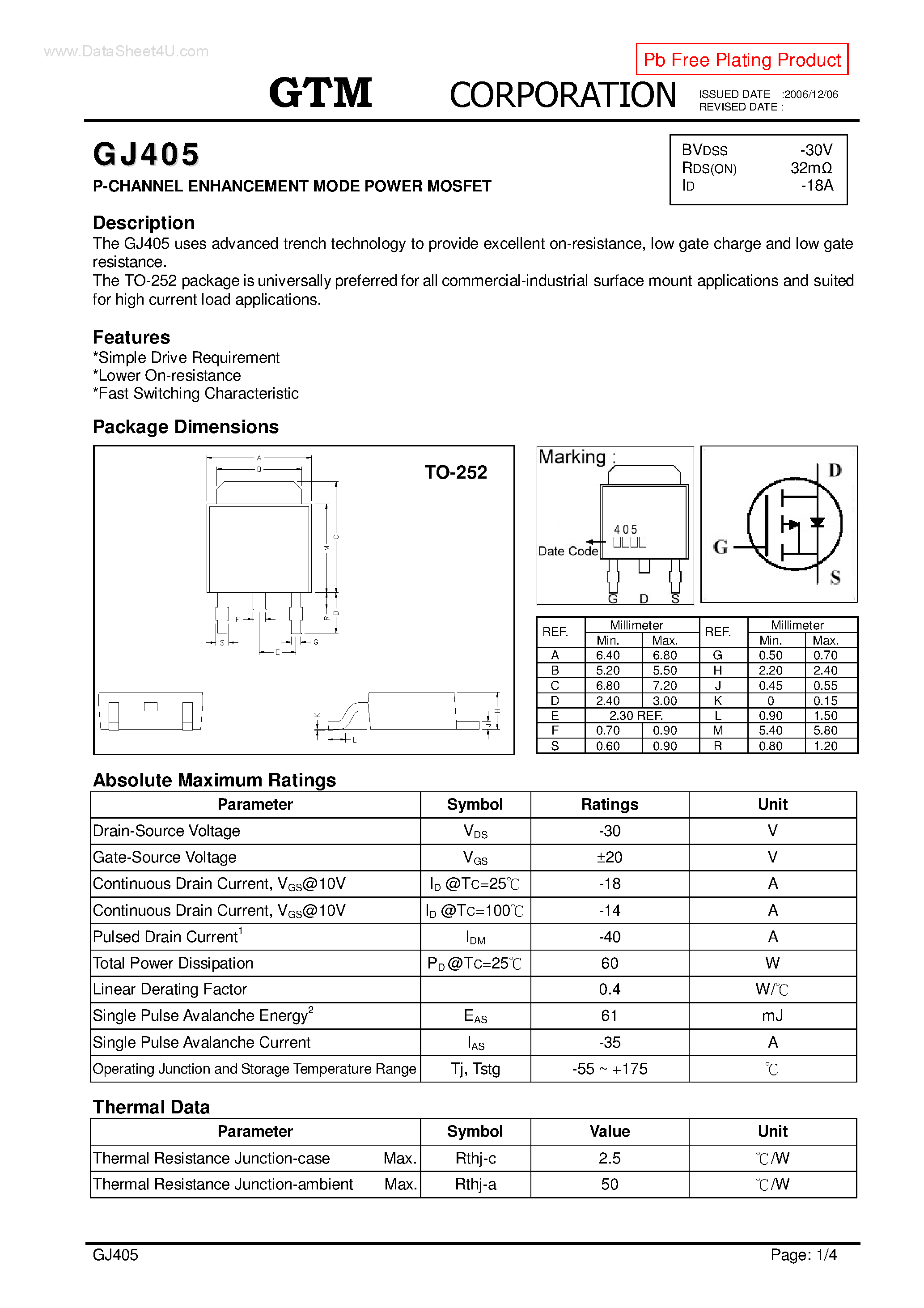 Datasheet GJ405 page 1 Datasheet GJ405 - P-CHANNEL ENHANCEMENT MODE POWER MOSFET page 1
