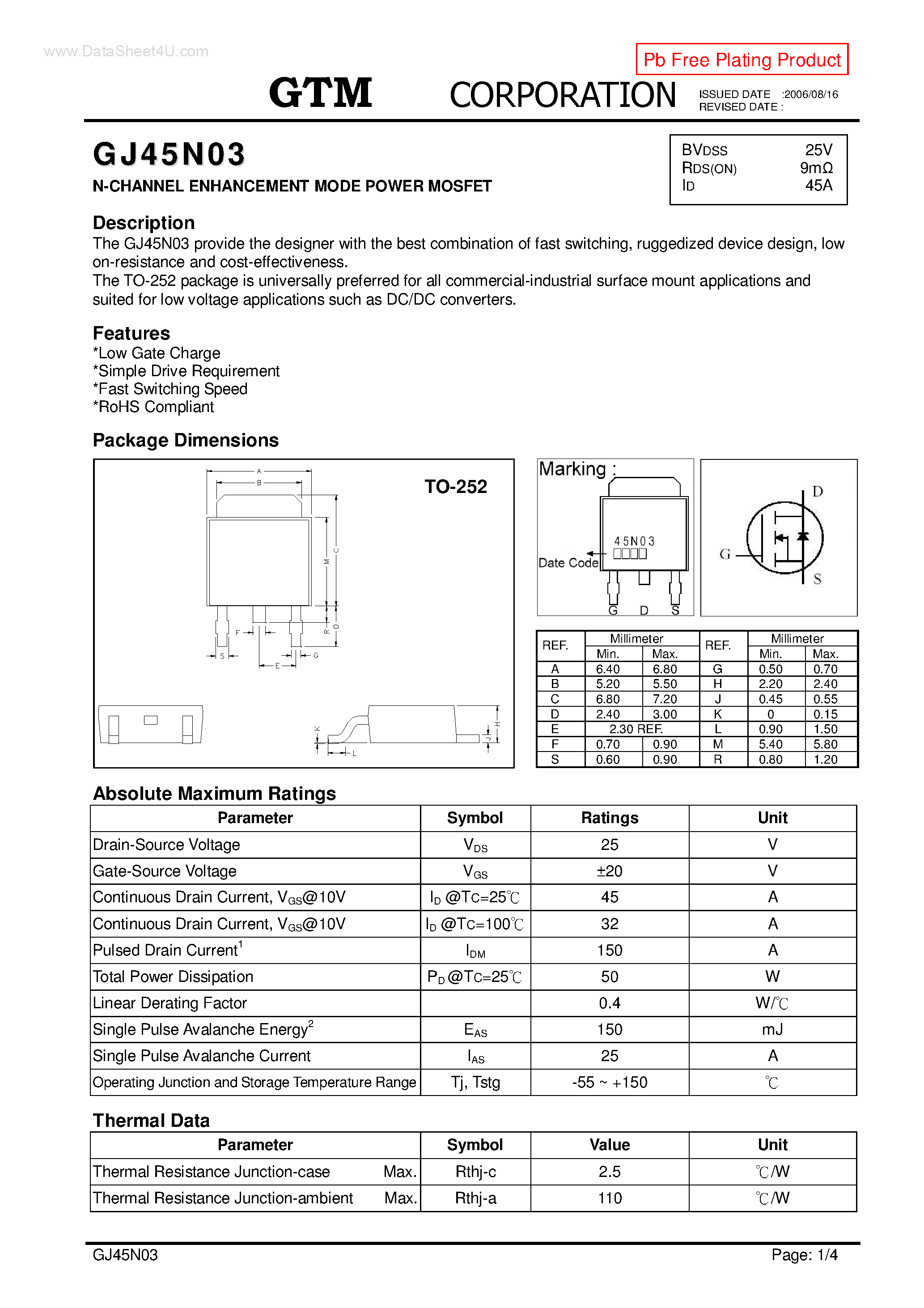 Datasheet GJ45N03 - N-CHANNEL ENHANCEMENT MODE POWER MOSFET page 1