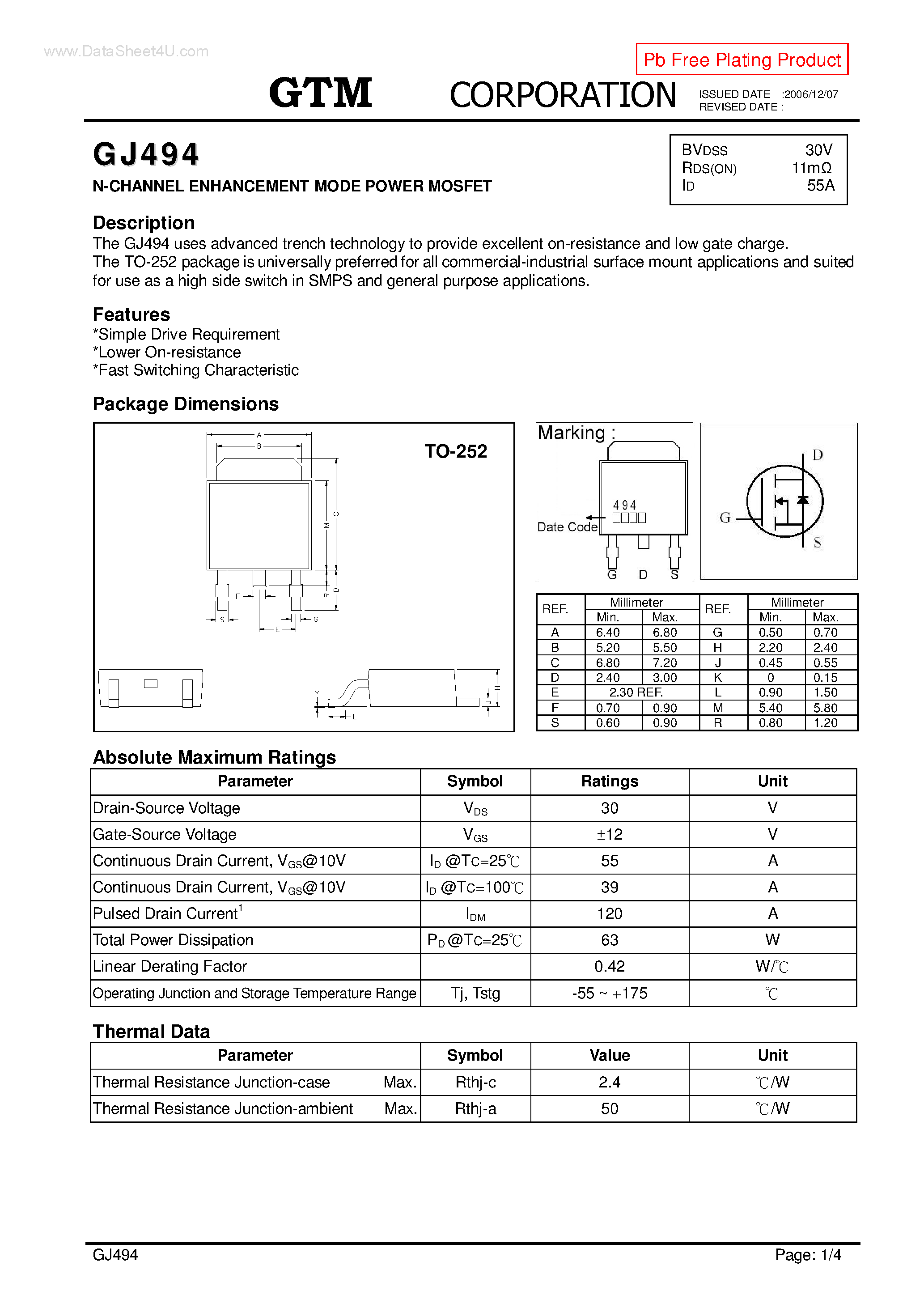 Datasheet GJ494 page 1 Datasheet GJ494 - N-CHANNEL ENHANCEMENT MODE POWER MOSFET page 1