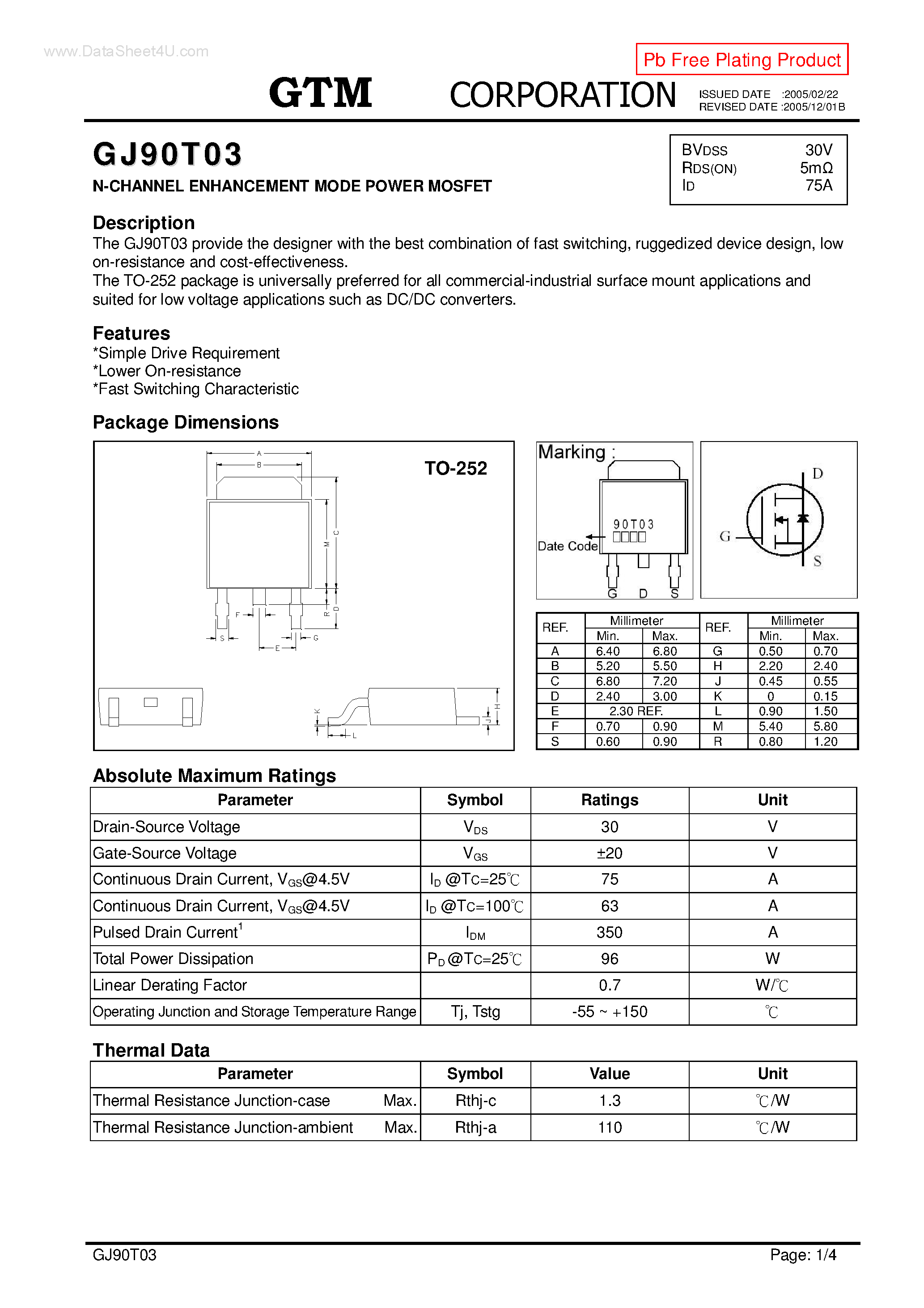 Datasheet GJ90T03 - N-CHANNEL ENHANCEMENT MODE POWER MOSFET page 1