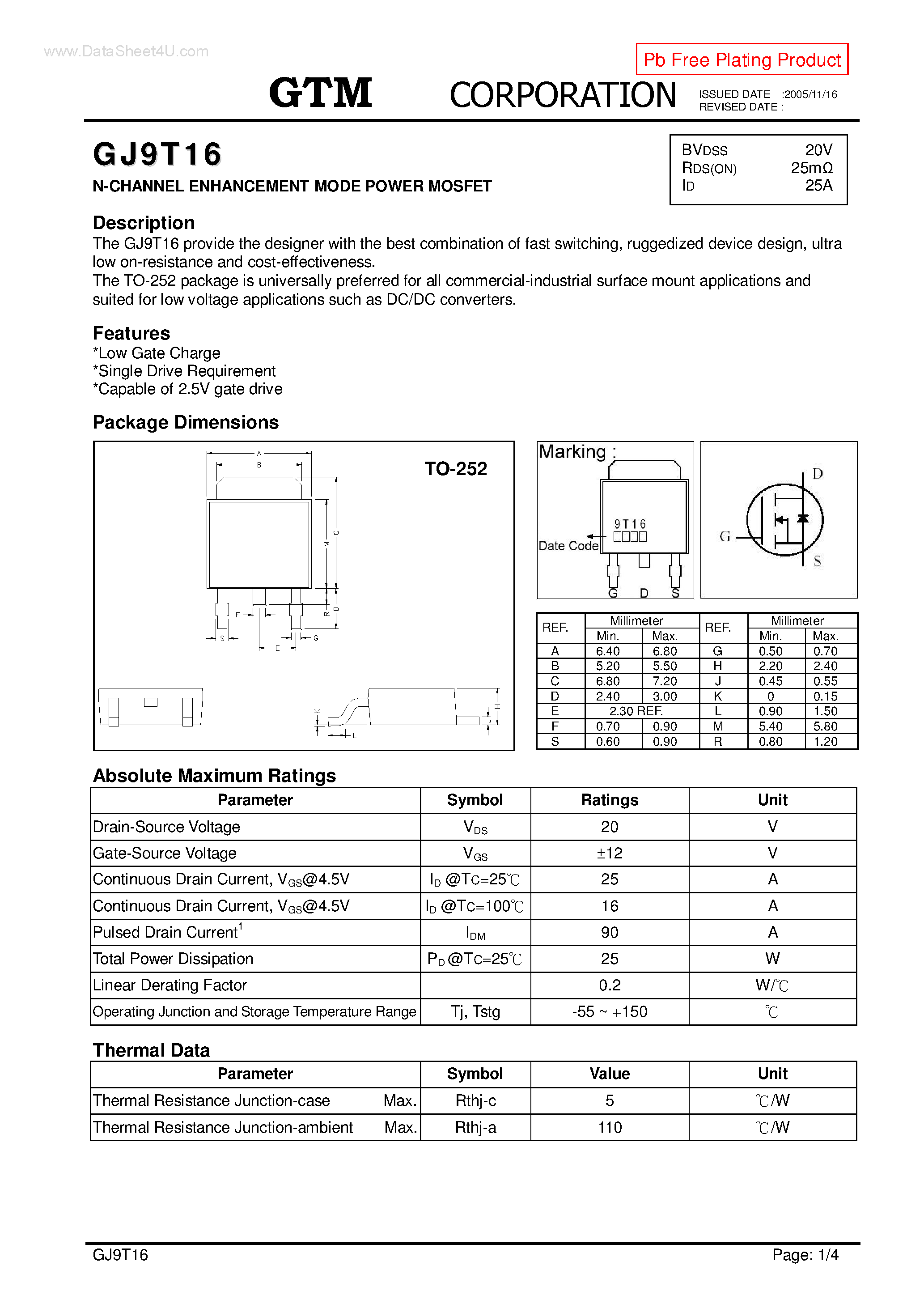 Datasheet GJ9T16 page 1 Datasheet GJ9T16 - N-CHANNEL ENHANCEMENT MODE POWER MOSFET page 1