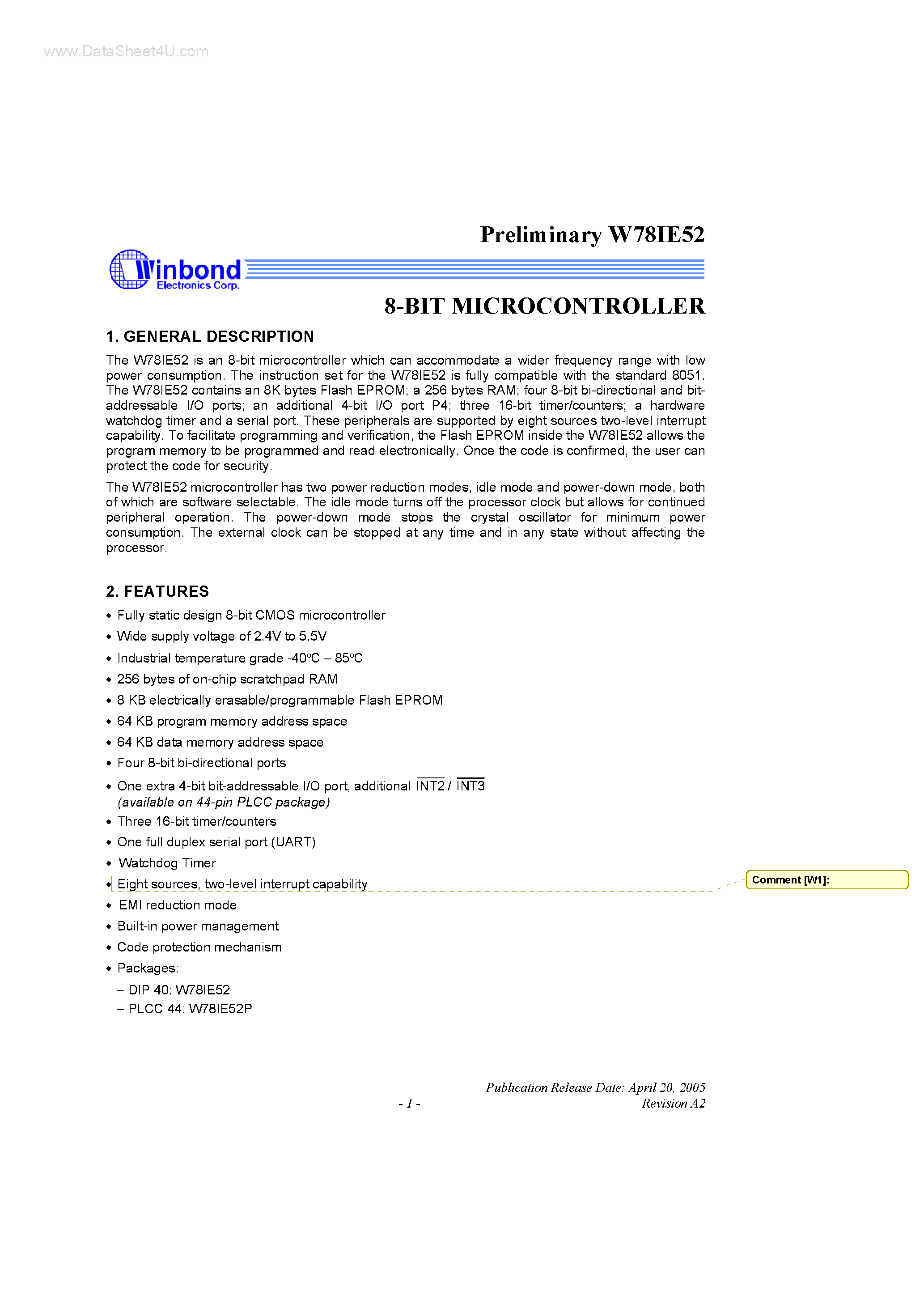Datasheet W78IE52 page 1 Datasheet W78IE52 - 8 BIT MICROCONTROLLER page 1
