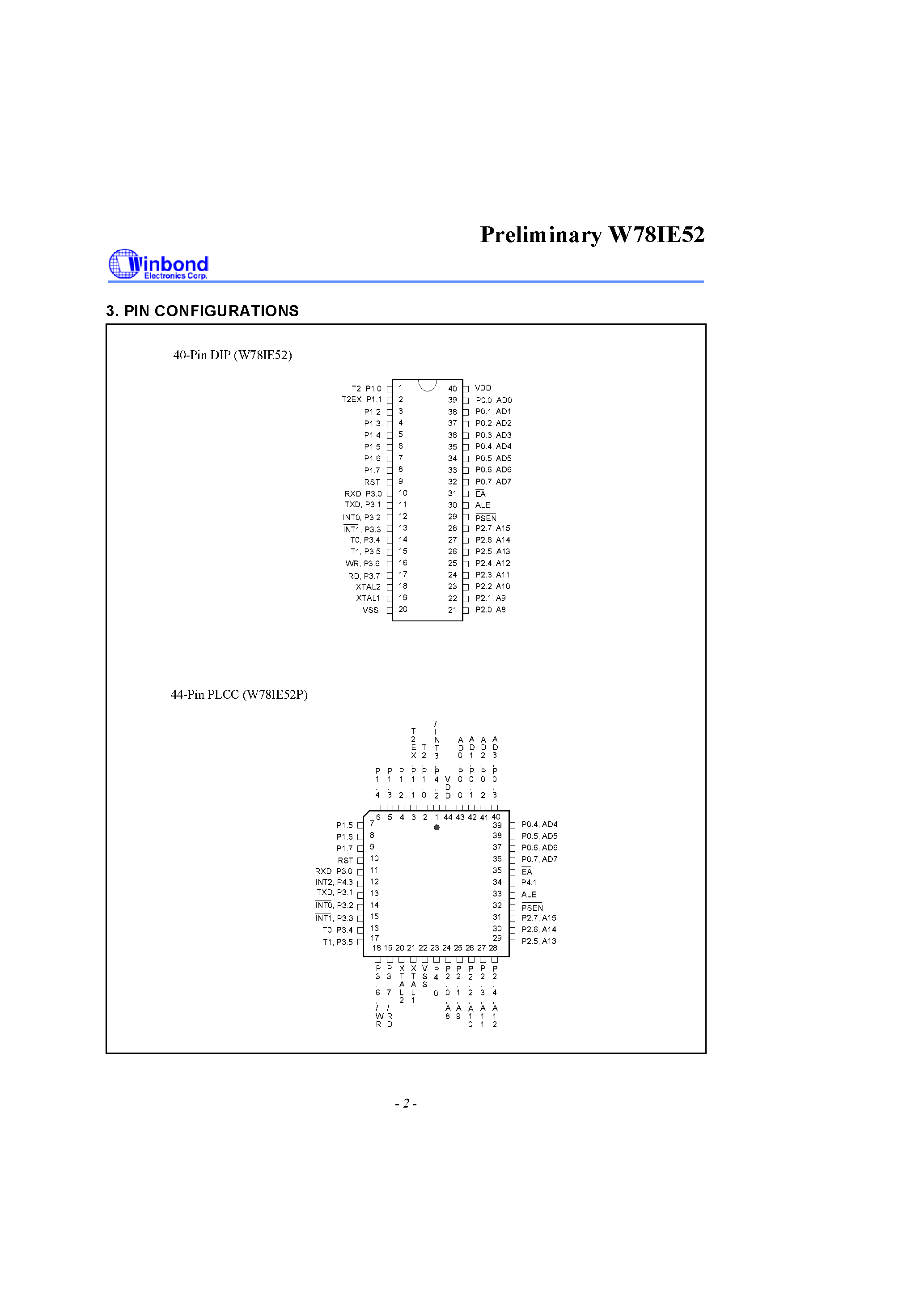 Datasheet W78IE52 page 2 Datasheet W78IE52 - 8 BIT MICROCONTROLLER page 2