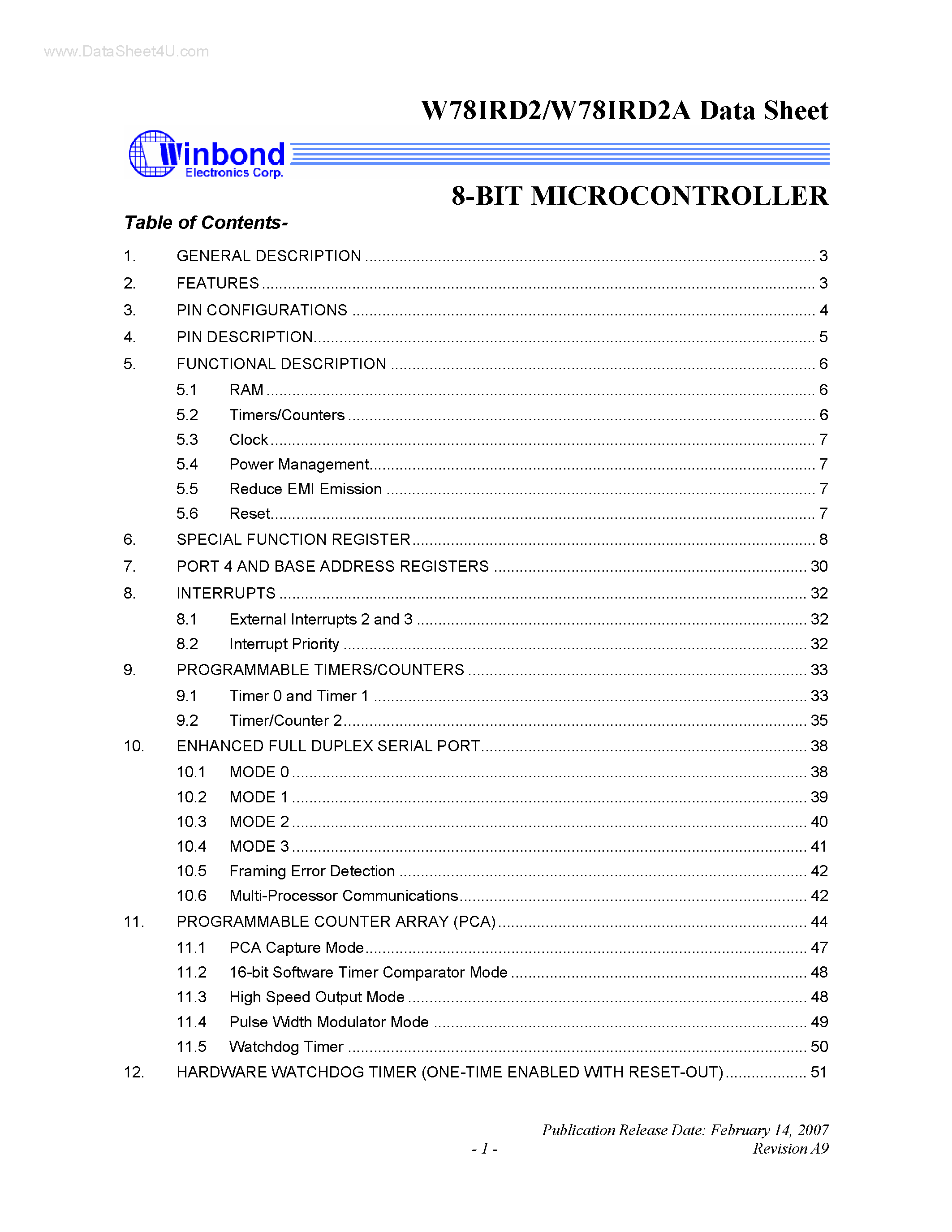 Datasheet W78IRD2 - 8-BIT MICROCONTROLLER page 1