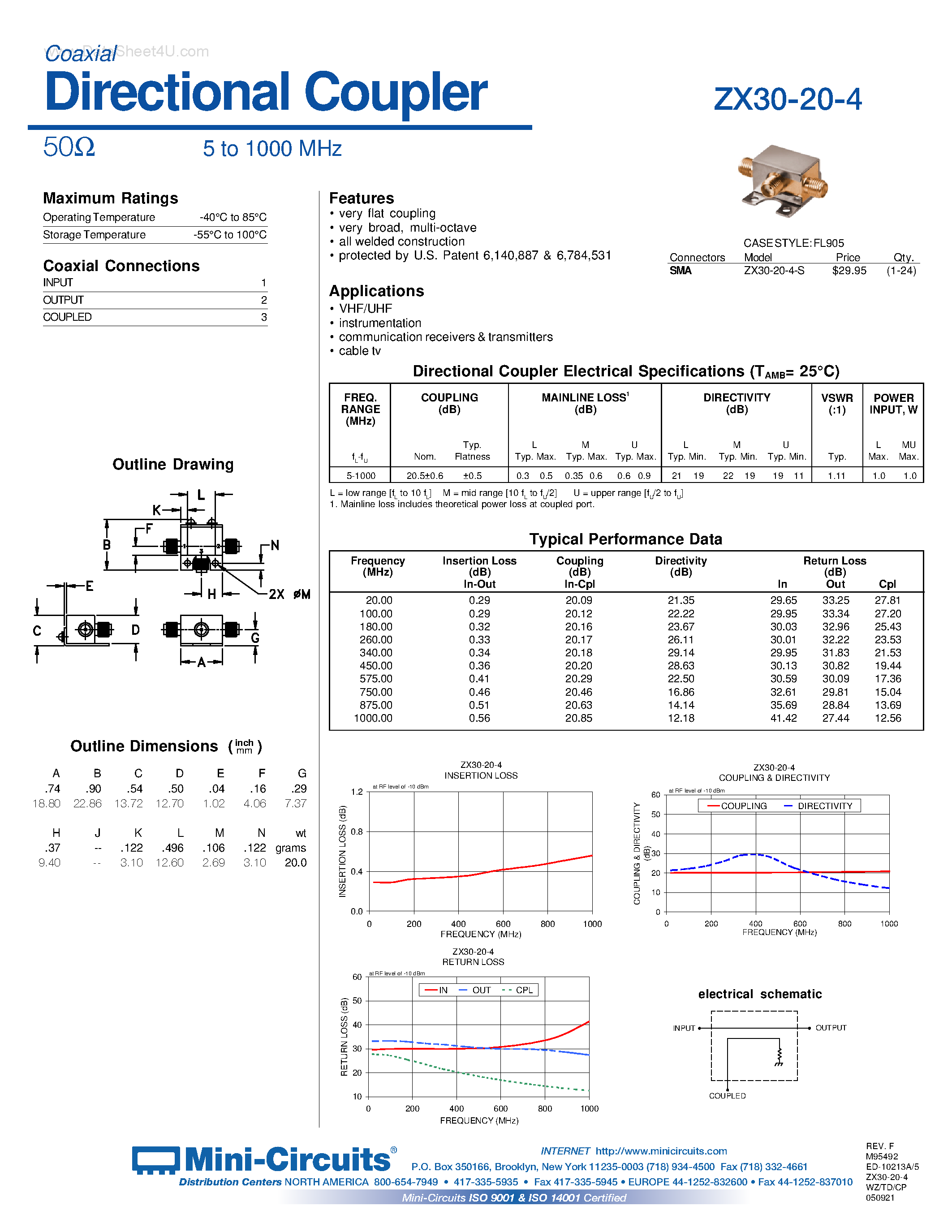 Datasheet ZX30-20-4 page 1 Datasheet ZX30-20-4 - Coaxial Directional Coupler page 1