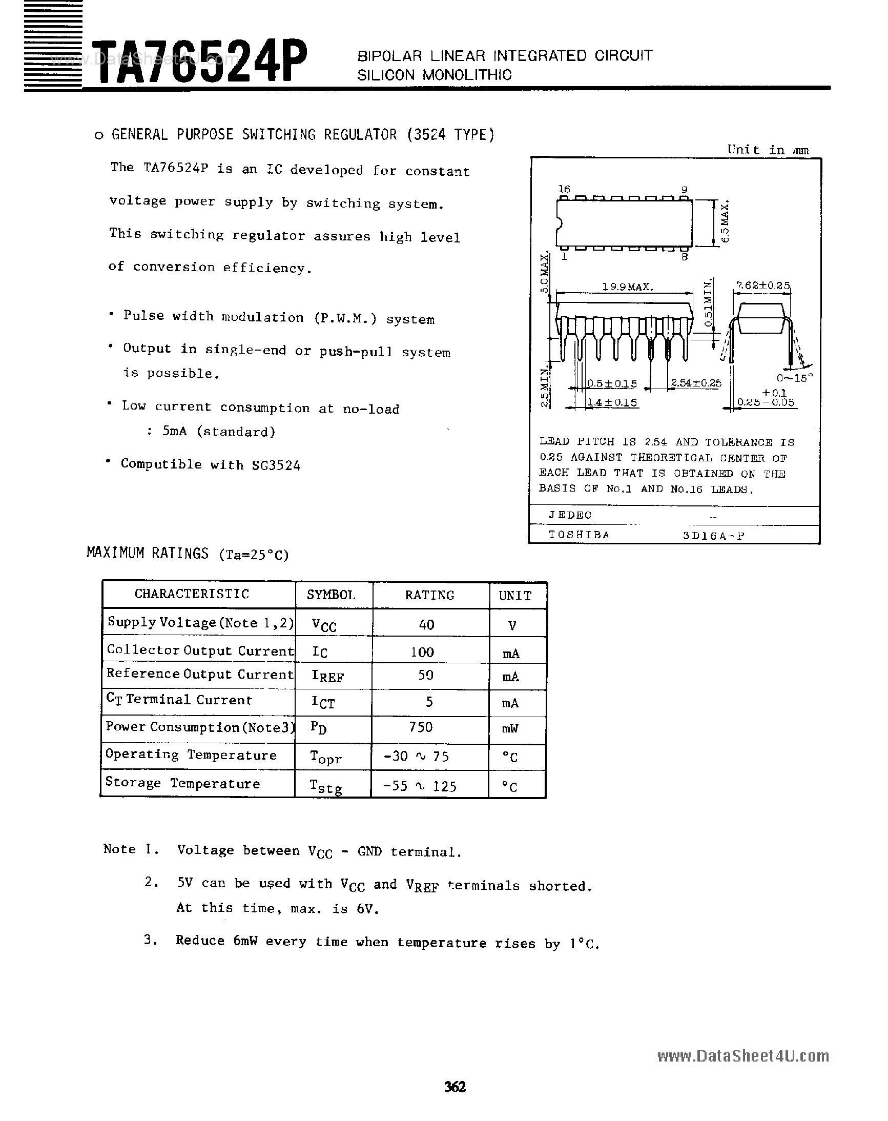 Datasheet TA76524P page 1 Datasheet TA76524P - General Purpose Switching Regulator page 1
