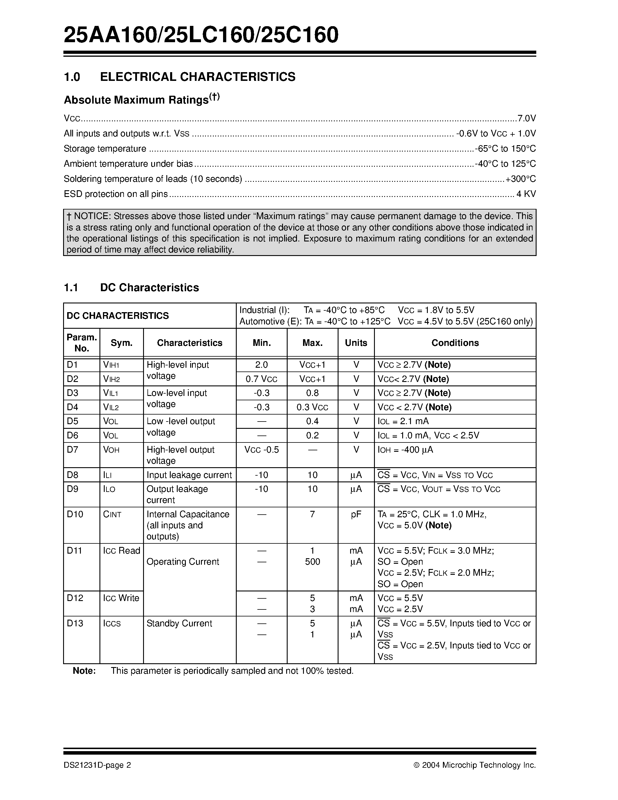 Datasheet 25LC160 - 16K SPI Bus Serial EEPROM page 2