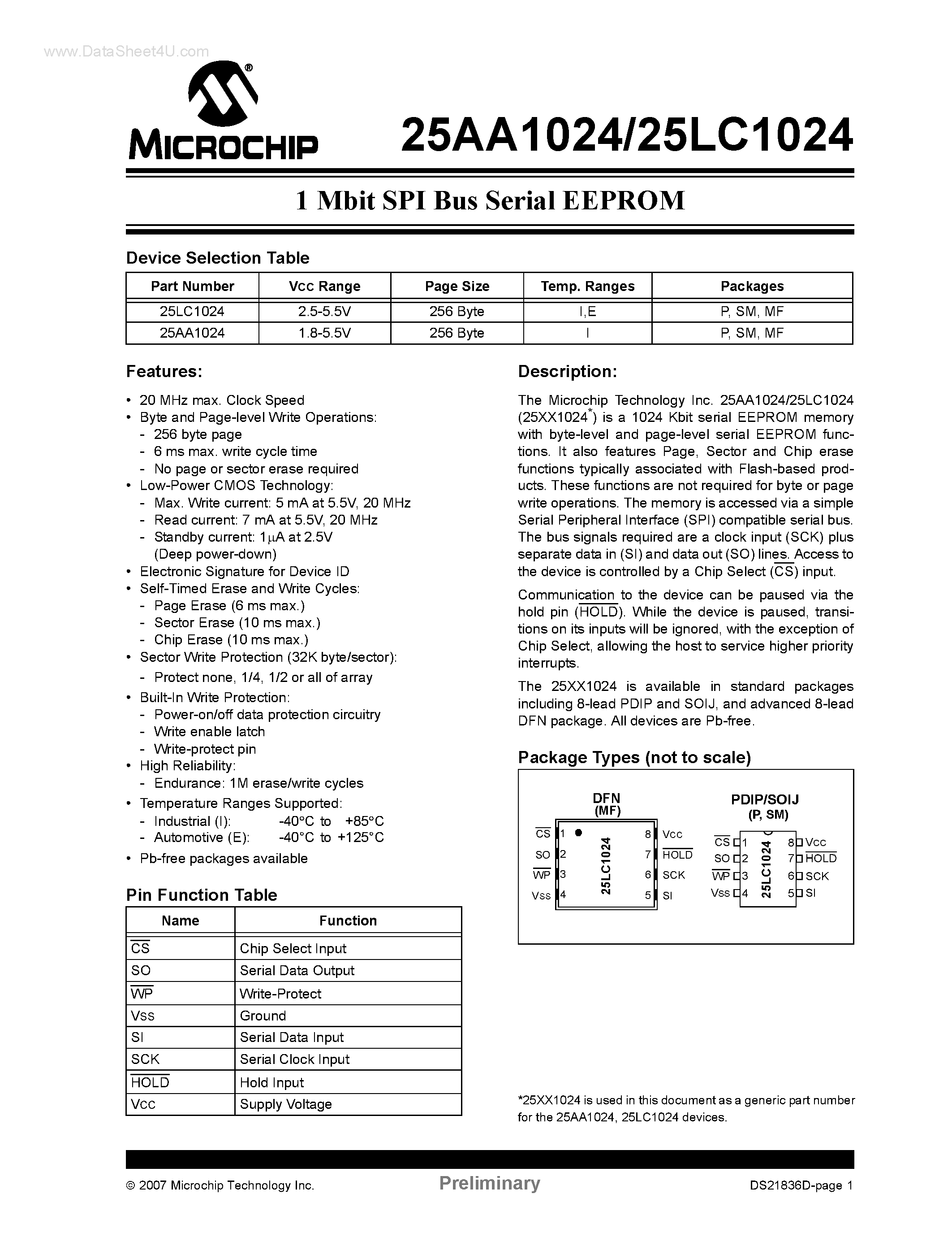Даташит на микросхему 25AA1024 страница 1 Даташит 25AA1024 - 1 Mbit SPI Bus Serial EEPROM страница 1