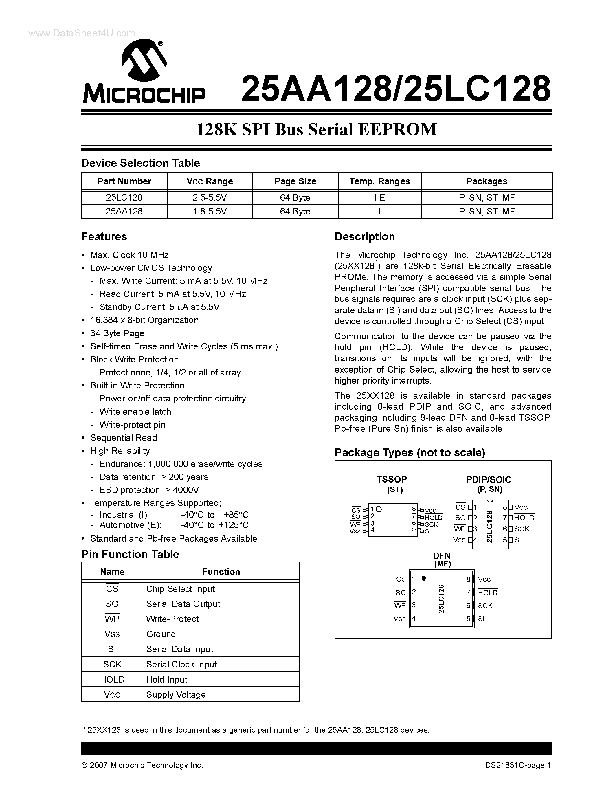Datasheet 25LC128 page 1 Datasheet 25LC128 - 128K SPI Bus Serial EEPROM page 1