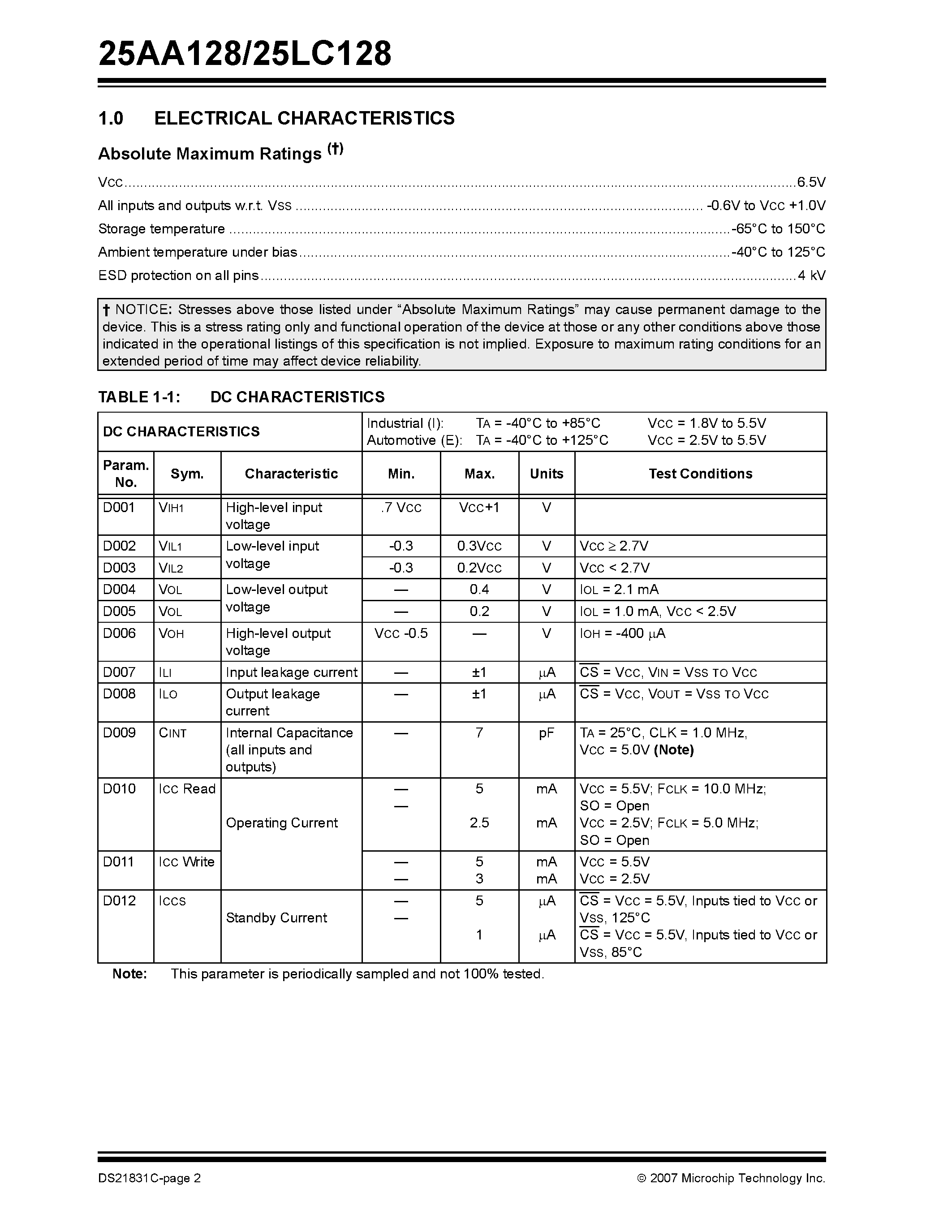Datasheet 25LC128 page 2 Datasheet 25LC128 - 128K SPI Bus Serial EEPROM page 2