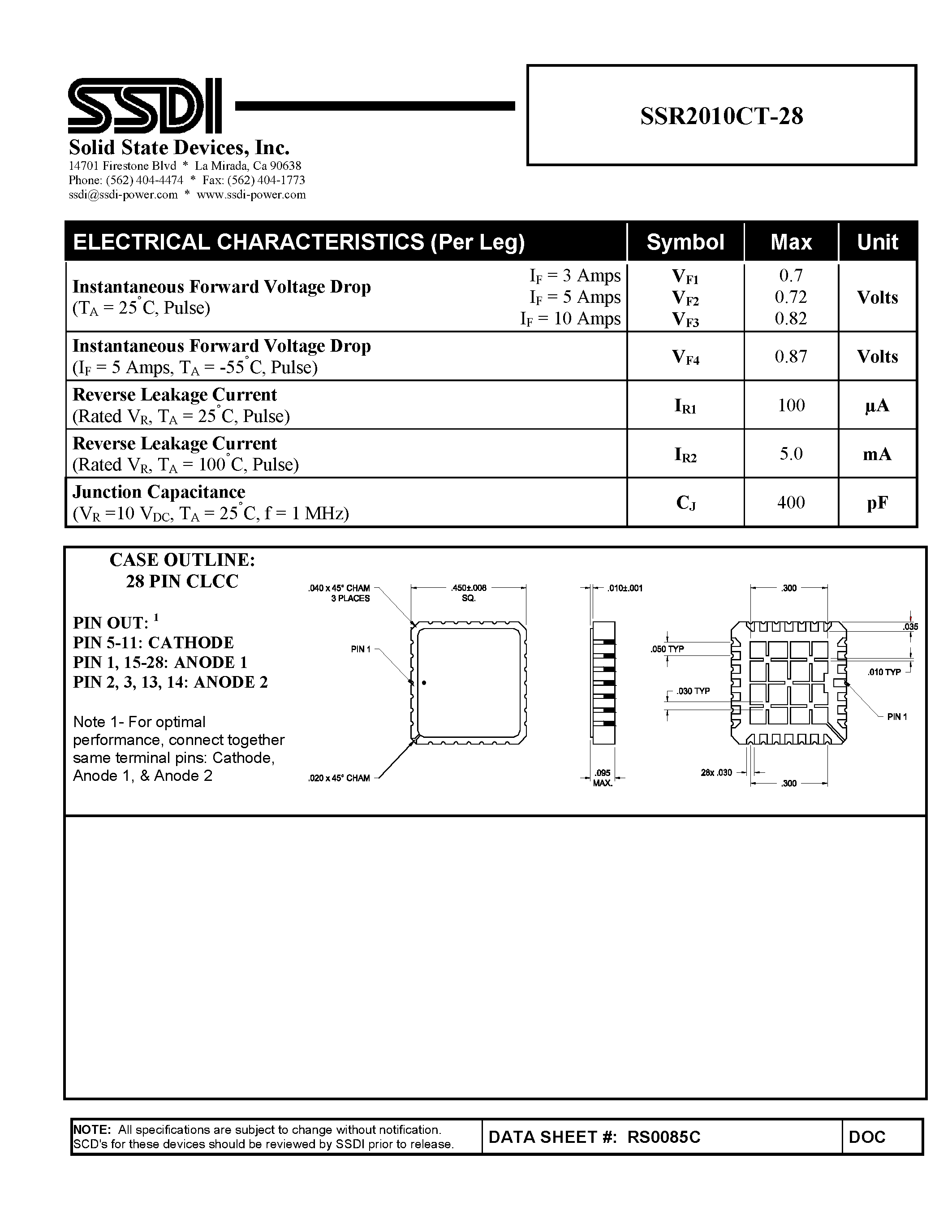 Даташит SSR2010CT-28 - CENTERTAP SCHOTTKY RECTIFIER страница 2