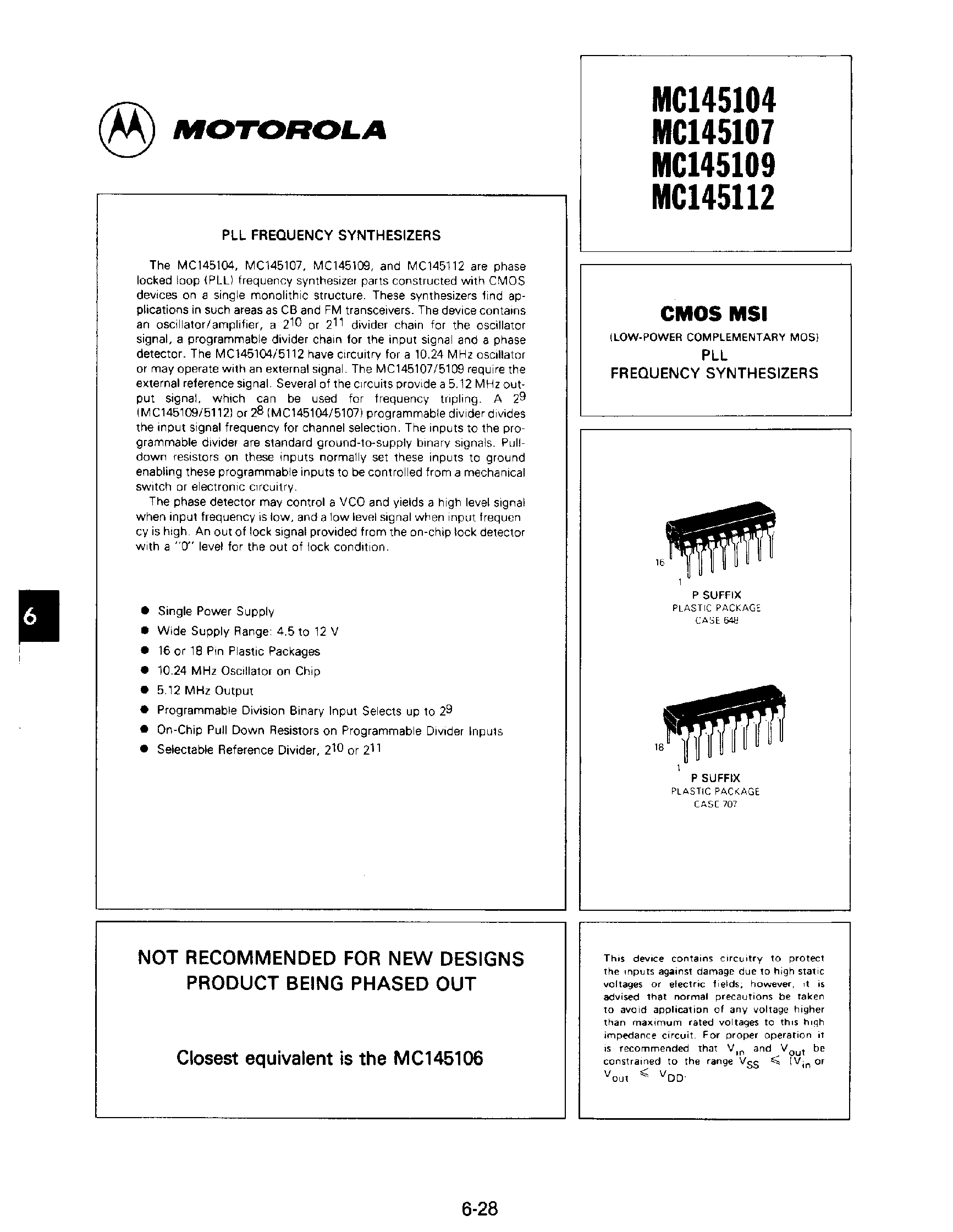 Datasheet MC145104 - (MC145104 - MC145112) CMOS LSI (LOW-POWER COMPLEMENTARY MOS) PLL FREQUENCY SYNTHESIZERS page 1