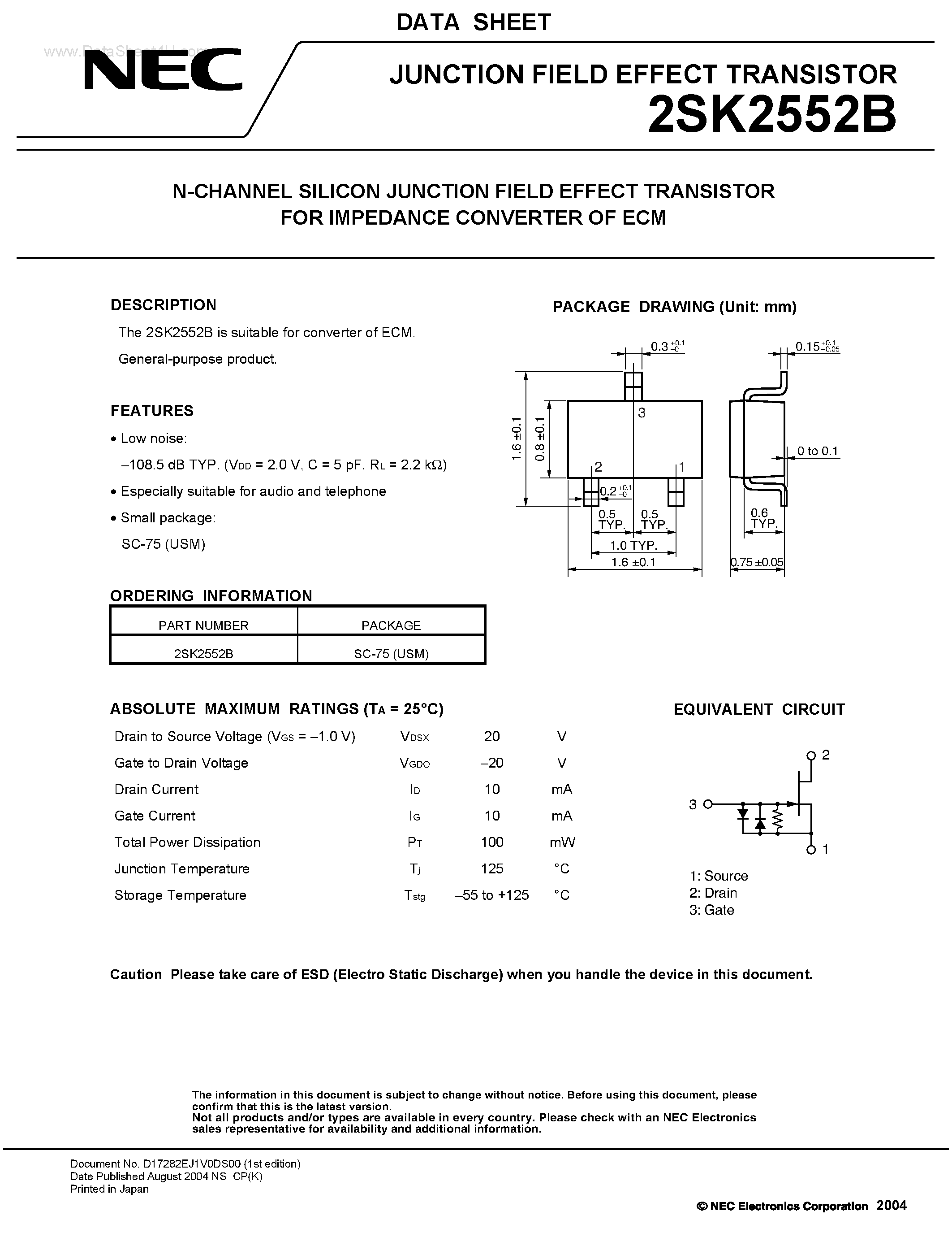 Datasheet 2SK2552B - N-CHANNEL SILICON JUNCTION FIELD EFFECT TRANSISTOR page 1