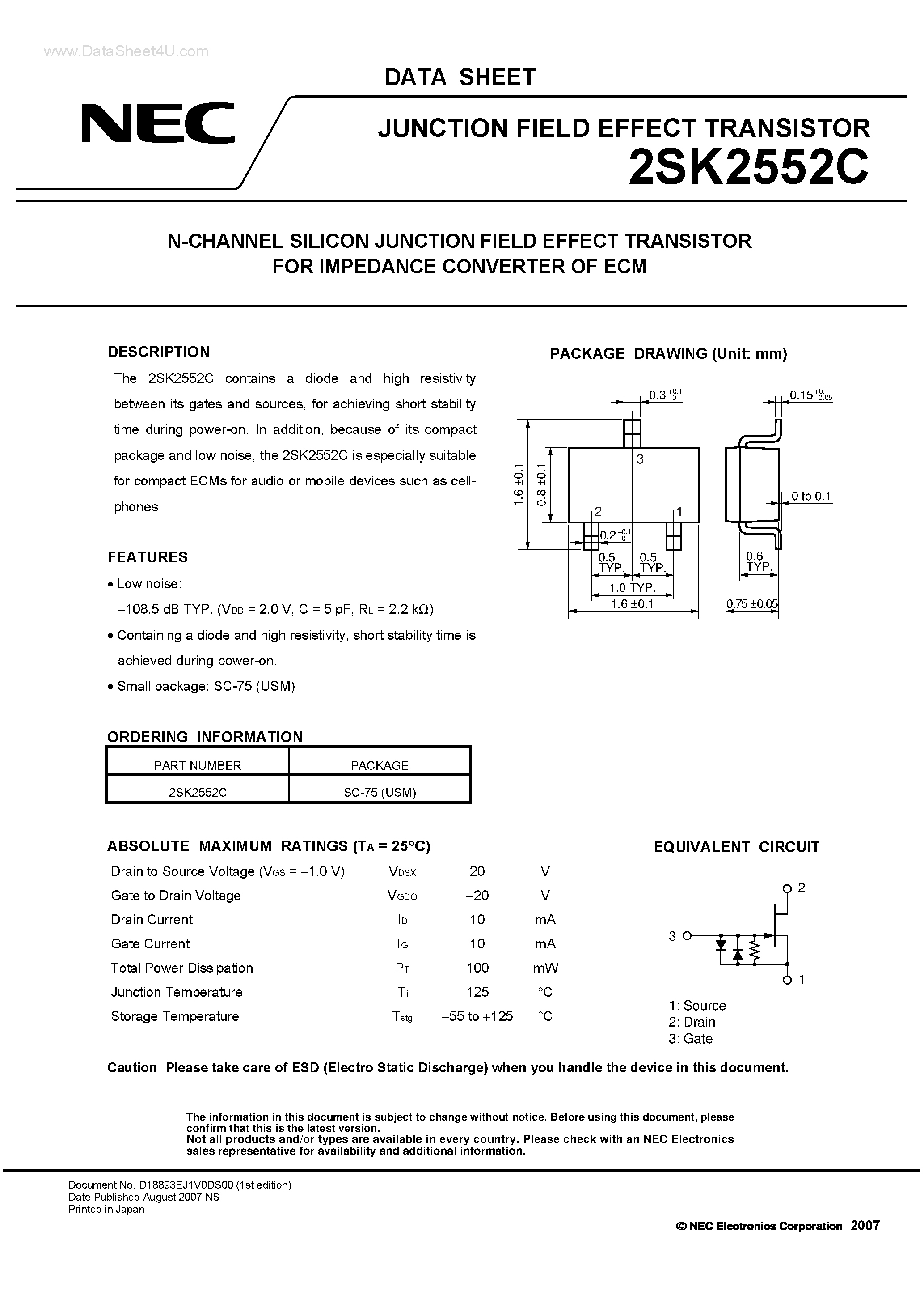 Datasheet 2SK2552C - JUNCTION FIELD EFFECT TRANSISTOR page 1