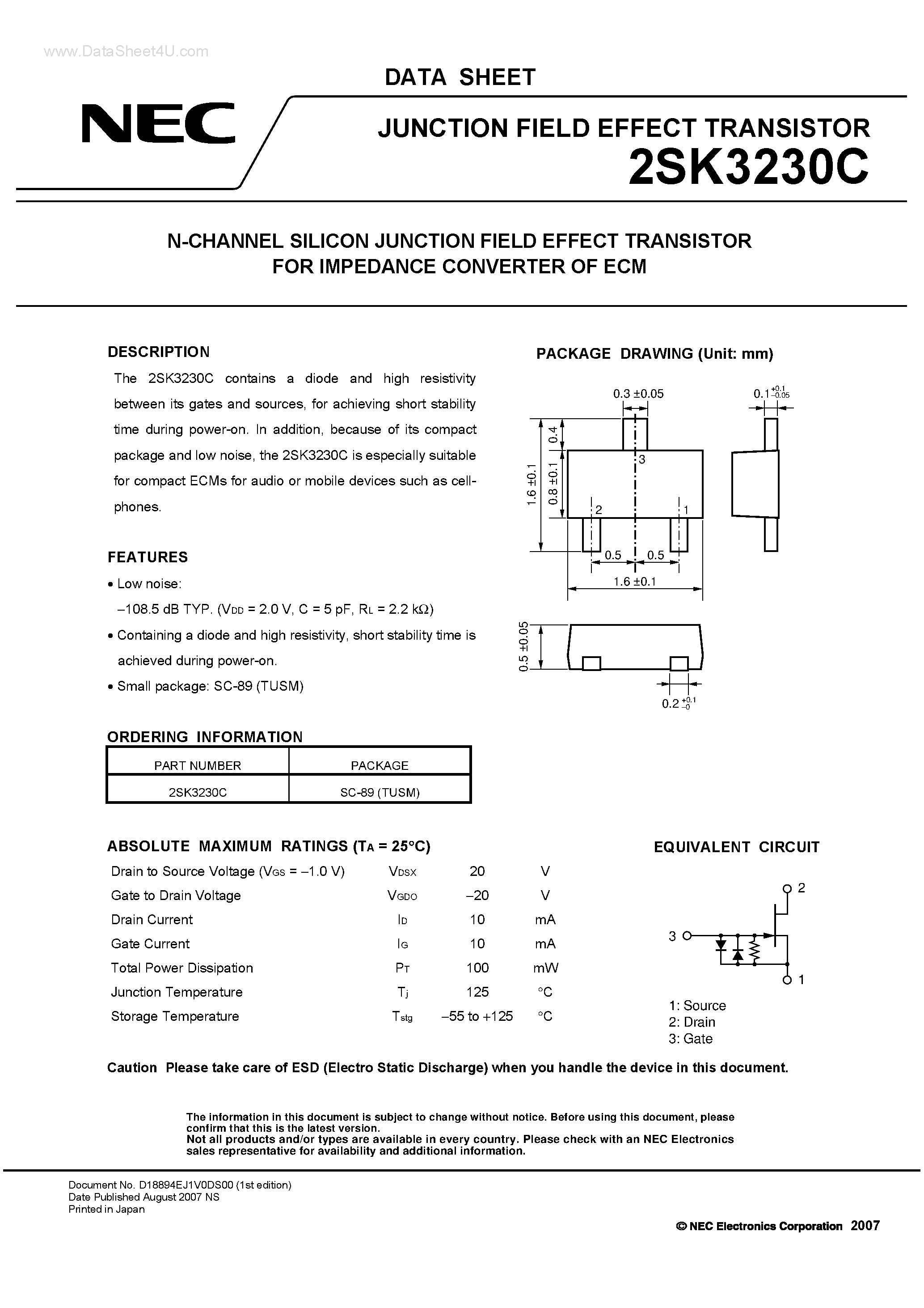 Даташит 2SK3230C - JUNCTION FIELD EFFECT TRANSISTOR страница 1