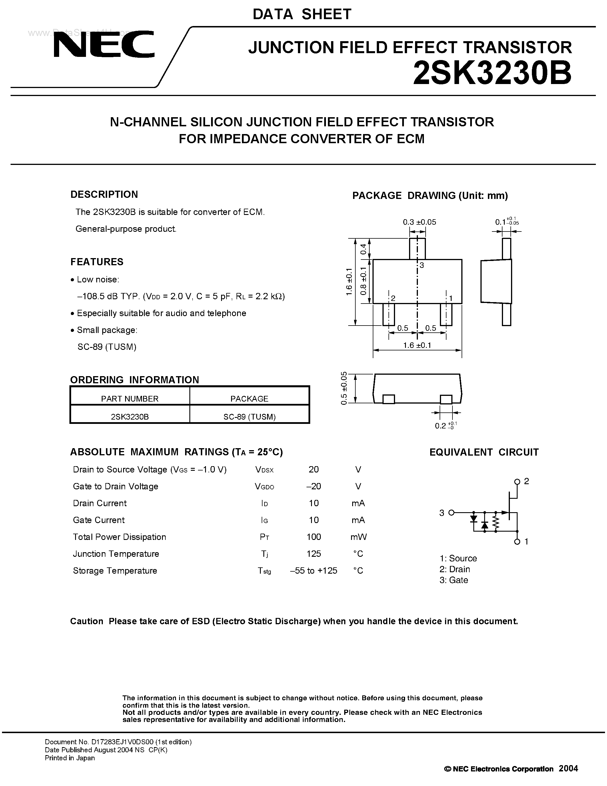 Datasheet 2SK3230B - N-CHANNEL SILICON JUNCTION FIELD EFFECT TRANSISTOR page 1