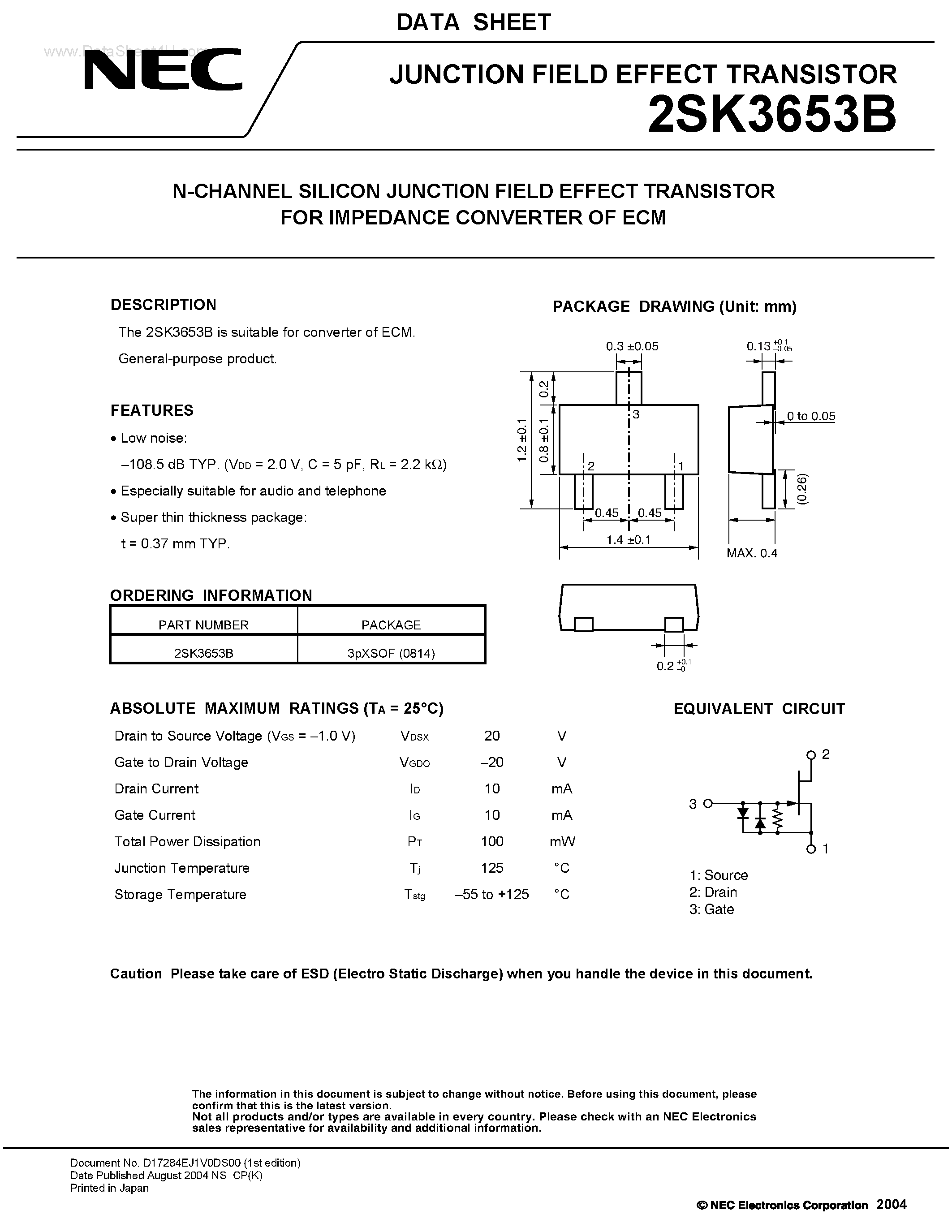 Datasheet 2SK3653B - N-CHANNEL SILICON JUNCTION FIELD EFFECT TRANSISTOR page 1
