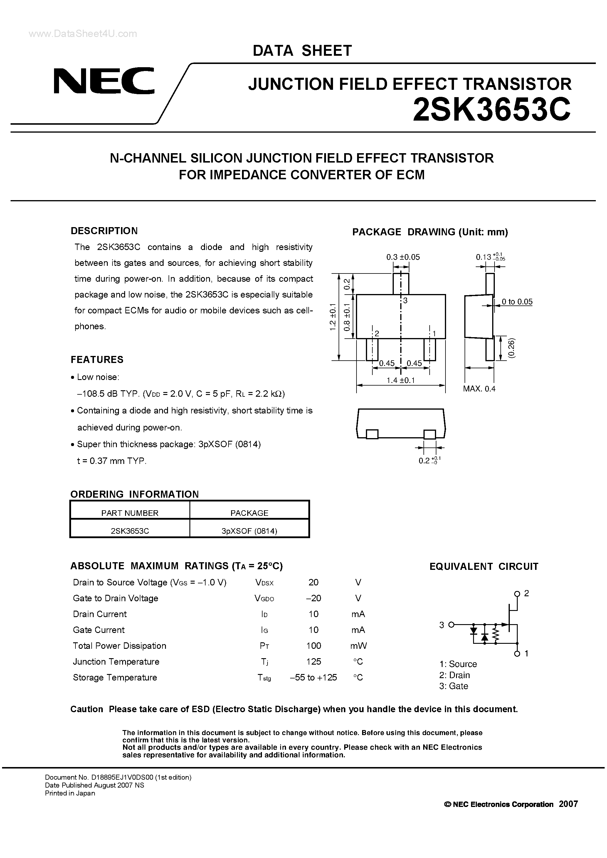 Datasheet 2SK3653C - JUNCTION FIELD EFFECT TRANSISTOR page 1
