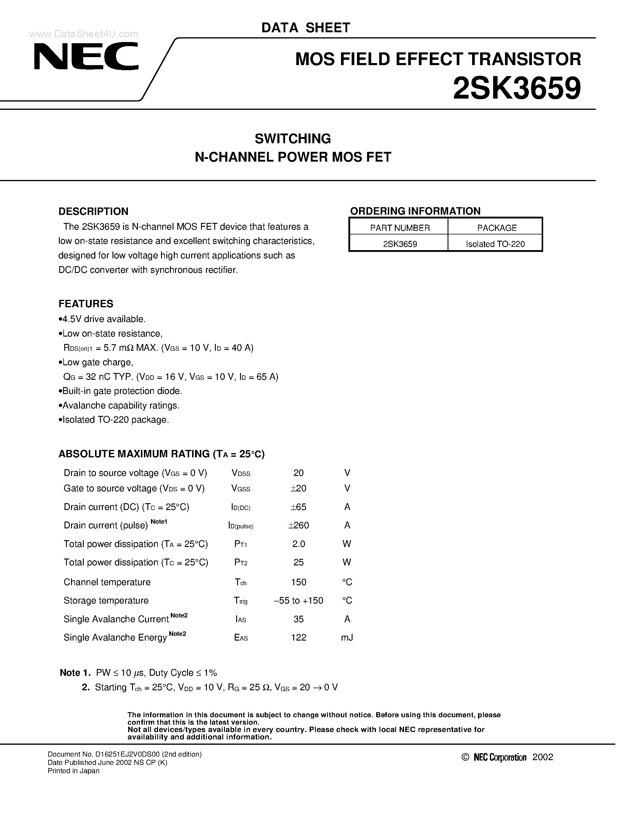 Datasheet 2SK3659 - SWITCHING N-CHANNEL POWER MOSFET page 1