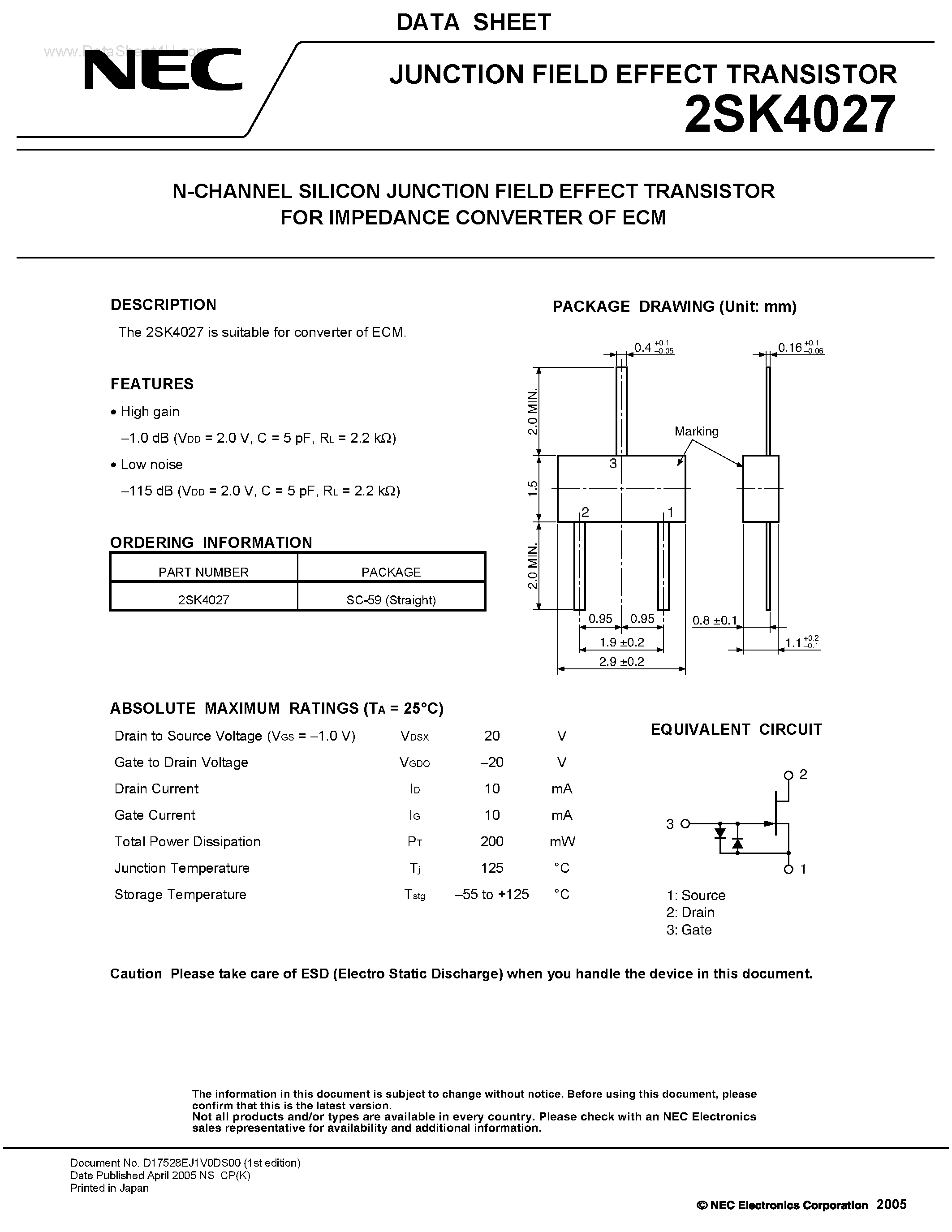 Даташит 2SK4027 - N-CHANNEL SILICON JUNCTION FIELD EFFECT TRANSISTOR страница 1