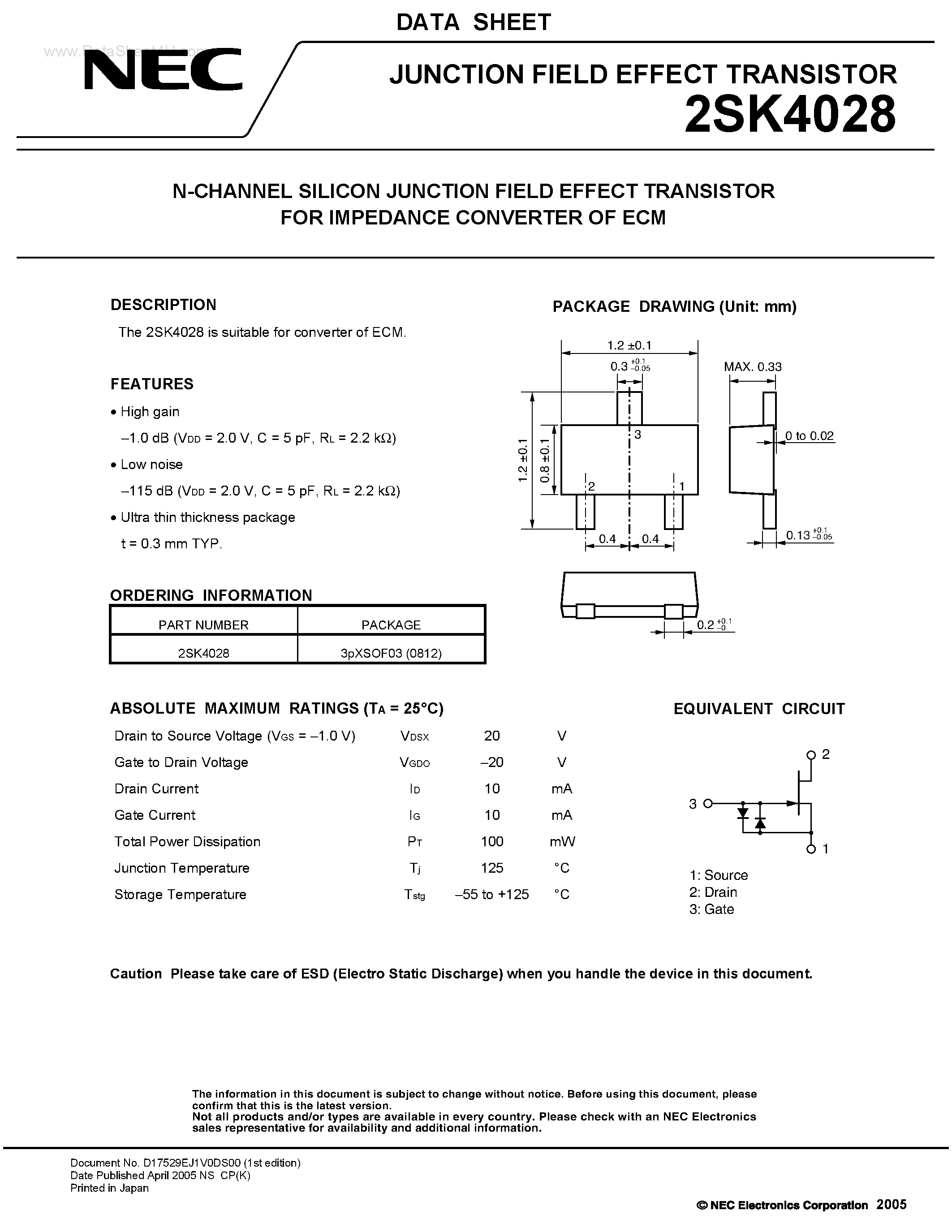 Даташит 2SK4028 - N-CHANNEL SILICON JUNCTION FIELD EFFECT TRANSISTOR страница 1