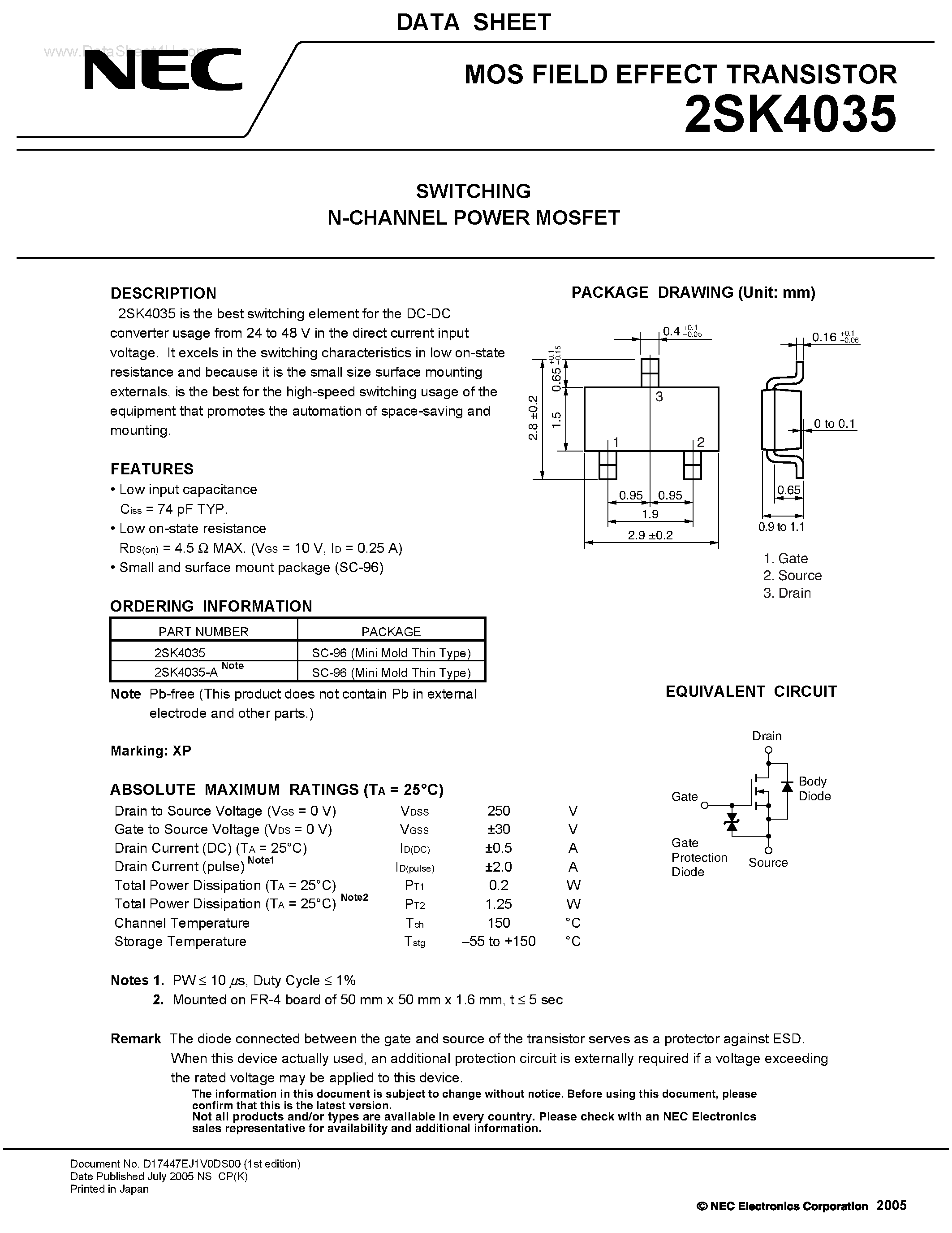 Datasheet 2SK4035 - SWITCHING N-CHANNEL POWER MOSFET page 1