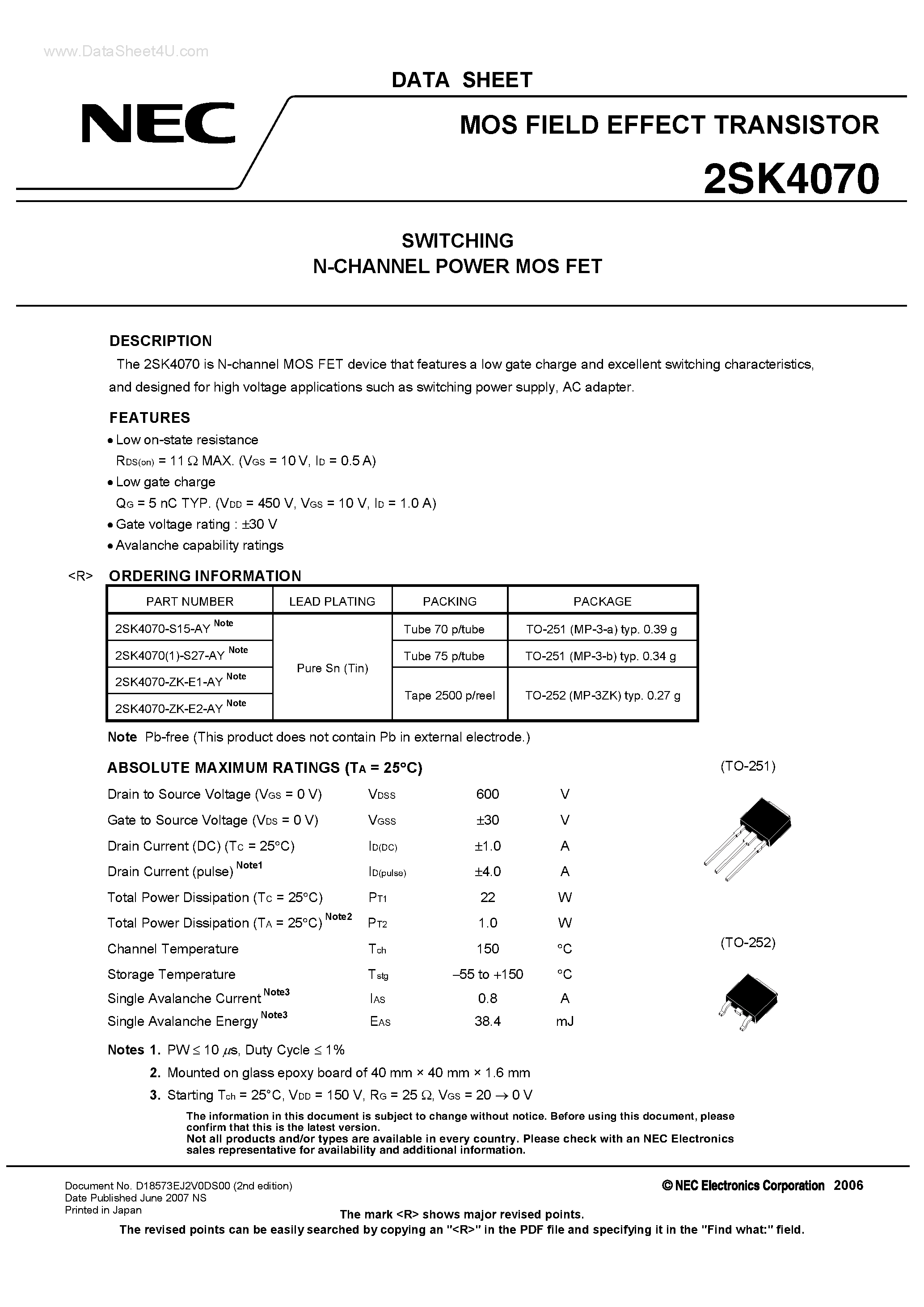 Datasheet 2SK4070 - MOS FIELD EFFECT TRANSISTOR page 1
