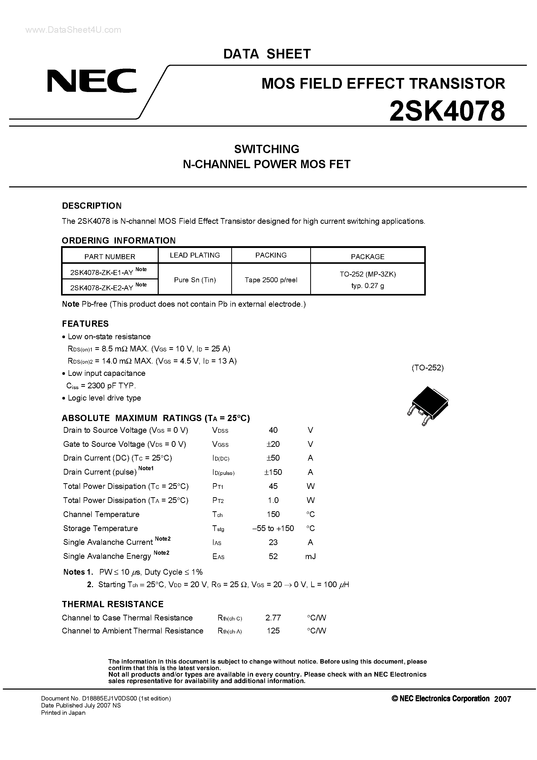 Datasheet 2SK4078 - SWITCHING N-CHANNEL POWER MOS FET page 1