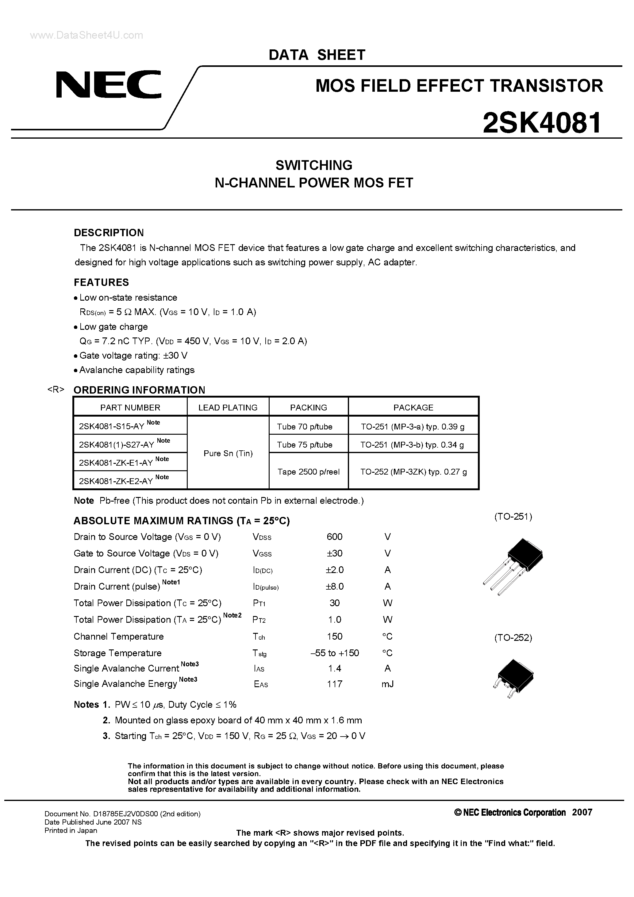 Datasheet 2SK4081 - SWITCHING N-CHANNEL POWER MOS FET page 1