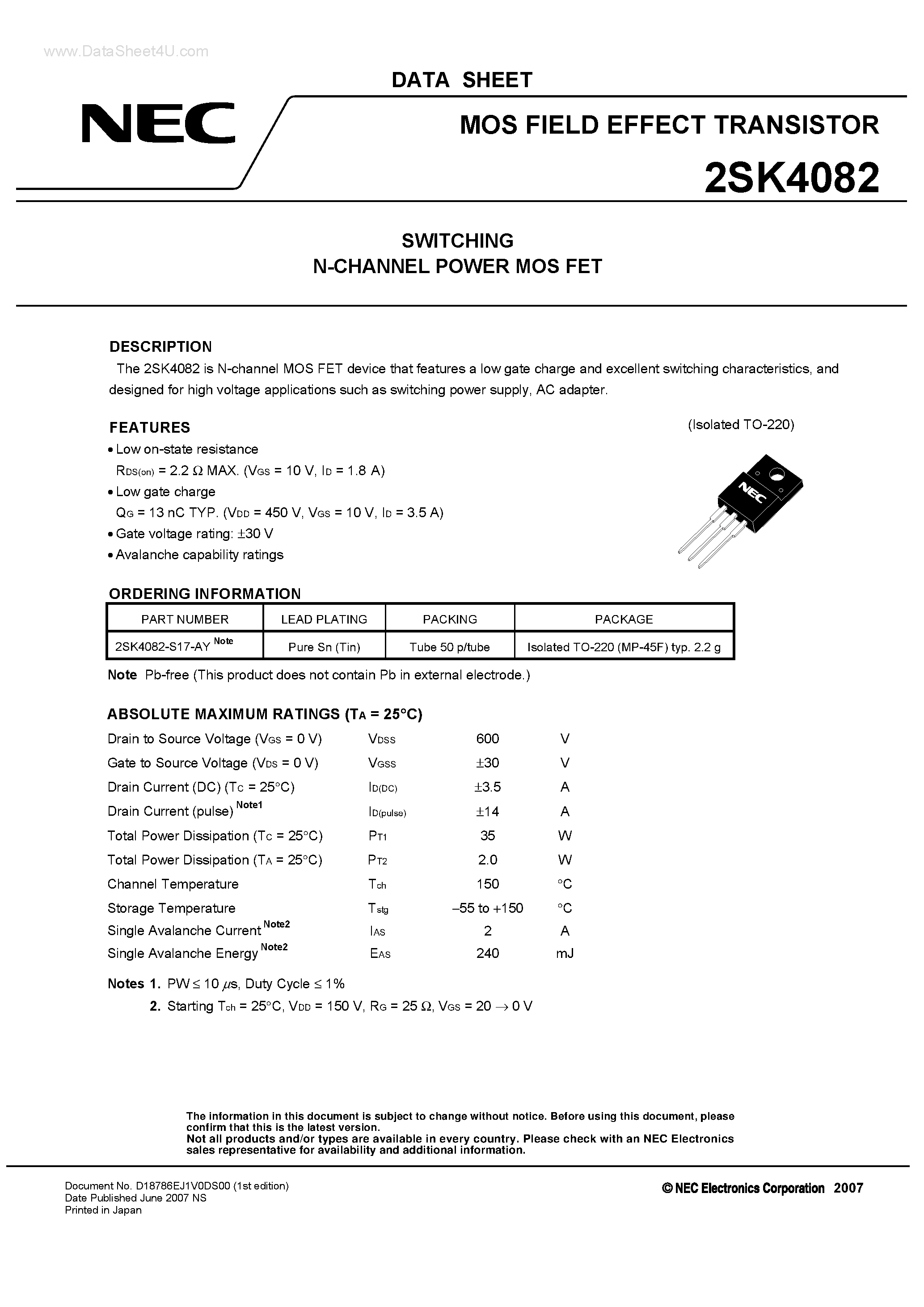 Datasheet 2SK4082 - SWITCHING N-CHANNEL POWER MOS FET page 1