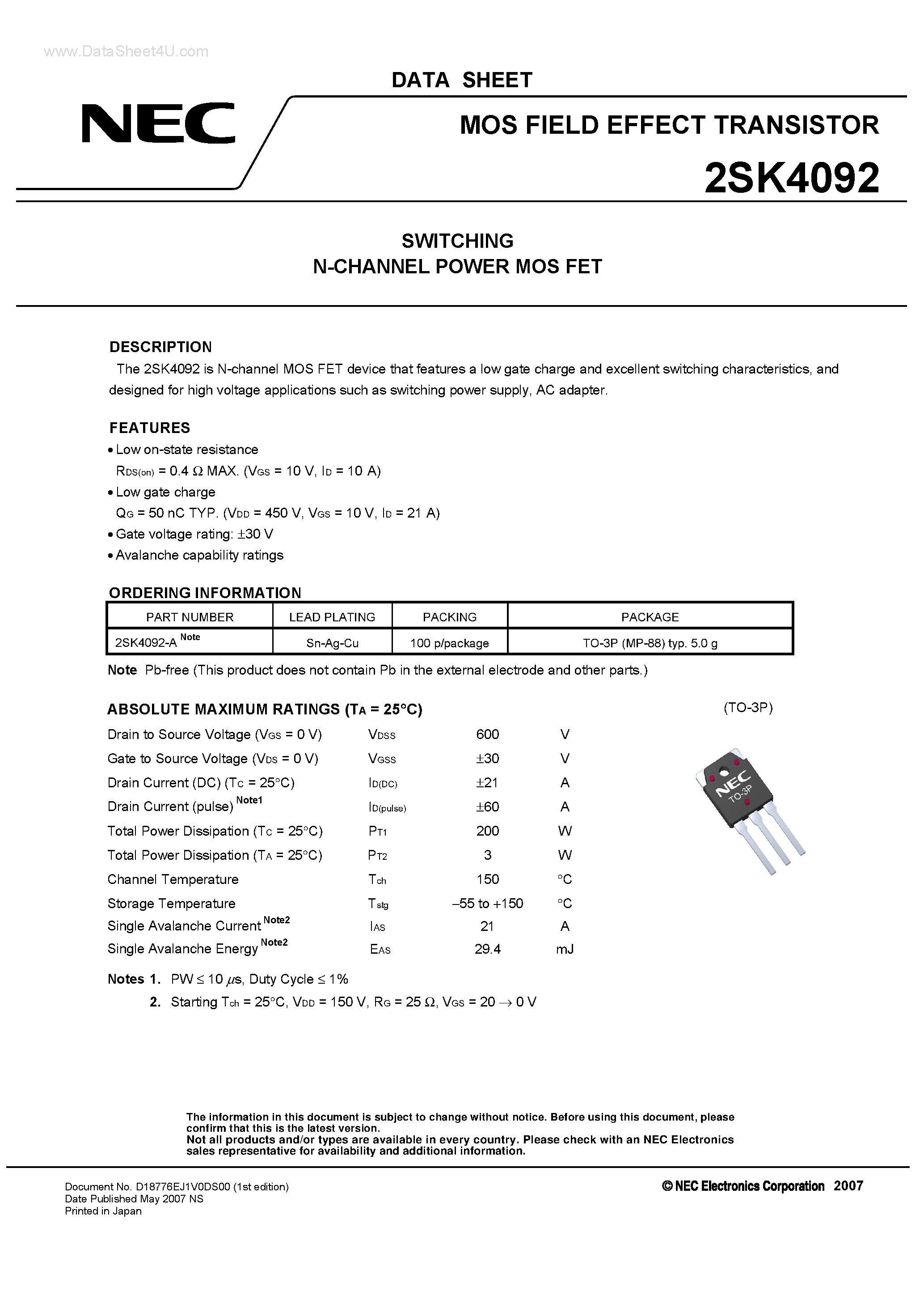 Datasheet 2SK4092 - SWITCHING N-CHANNEL POWER MOS FET page 1