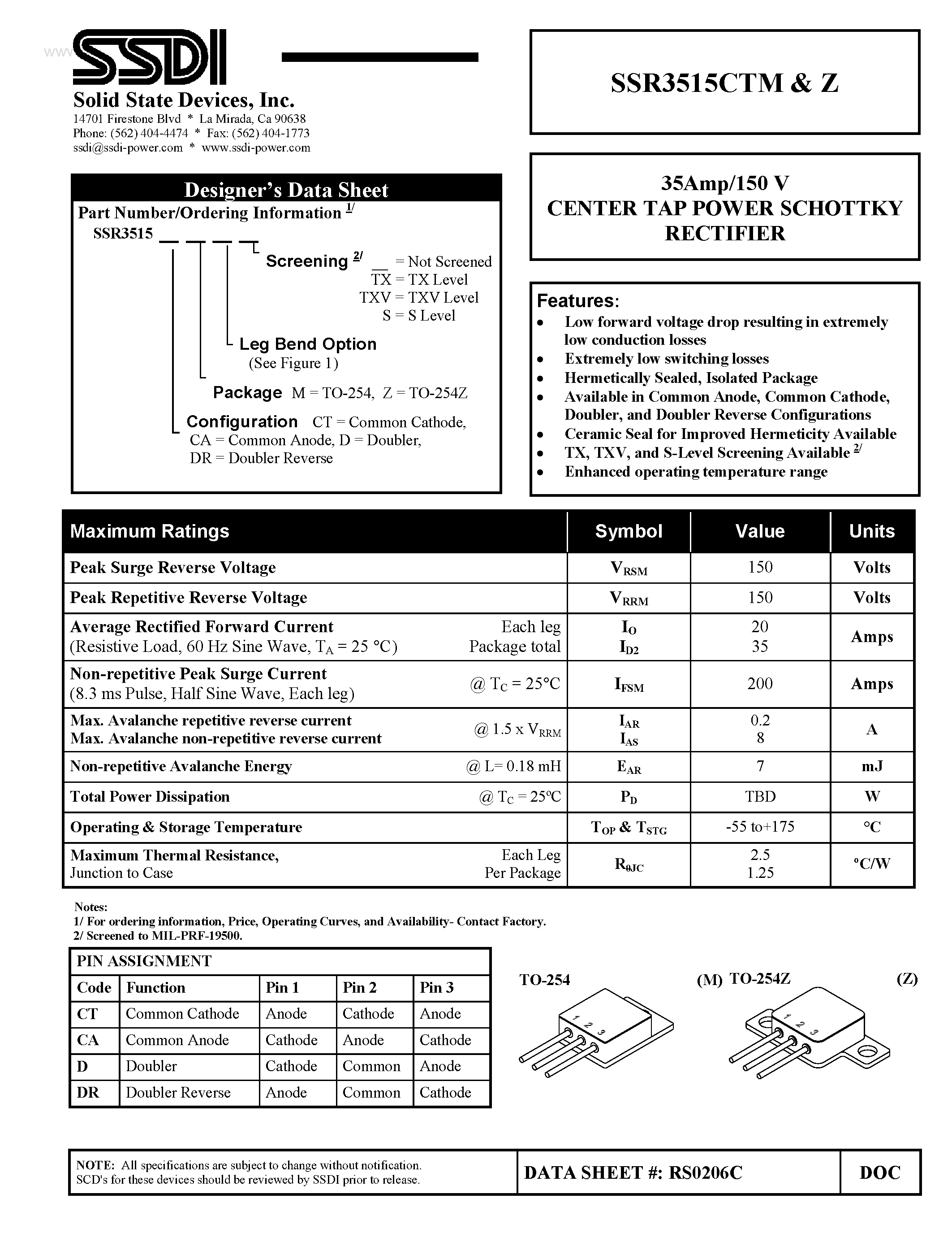 Datasheet SSR3515CTM - (SSR3515CTM/Z) CENTER TAP POWER SCHOTTKY RECTIFIER page 1