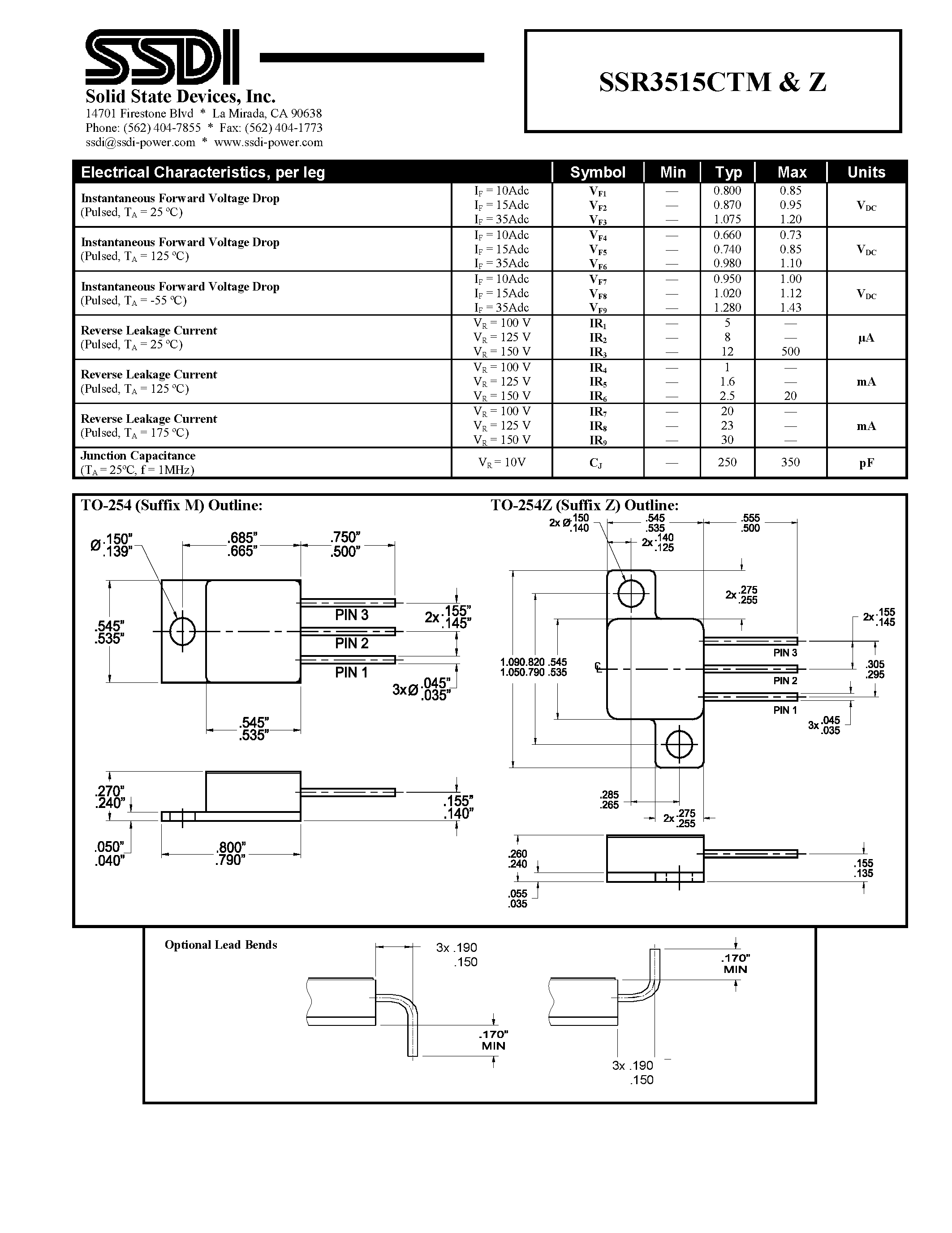 Даташит SSR3515CTM - (SSR3515CTM/Z) CENTER TAP POWER SCHOTTKY RECTIFIER страница 2