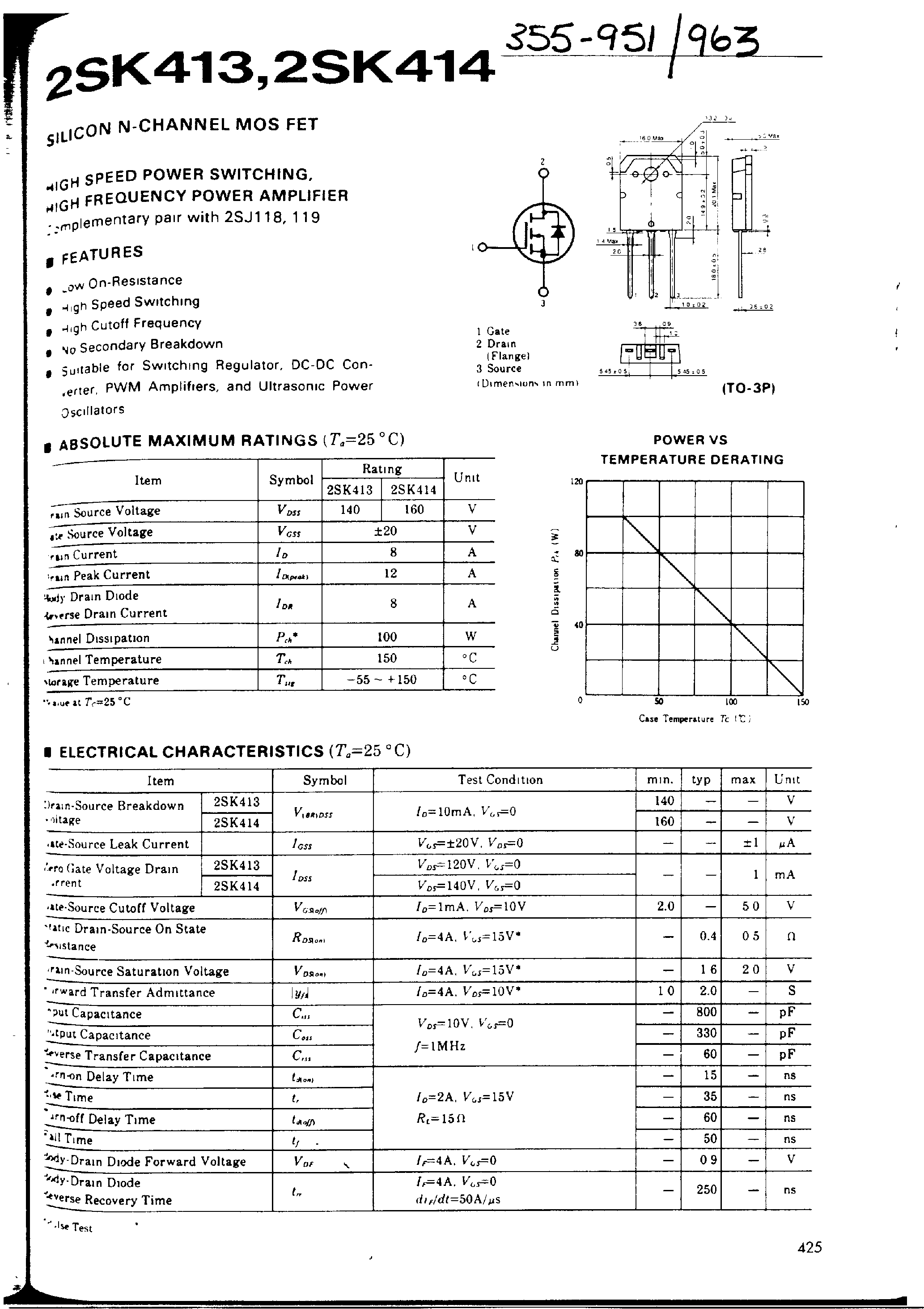 Даташит 2SK413 - (2SK413 / 2SK414) SILICON N-CHANNEL MOS FET страница 1