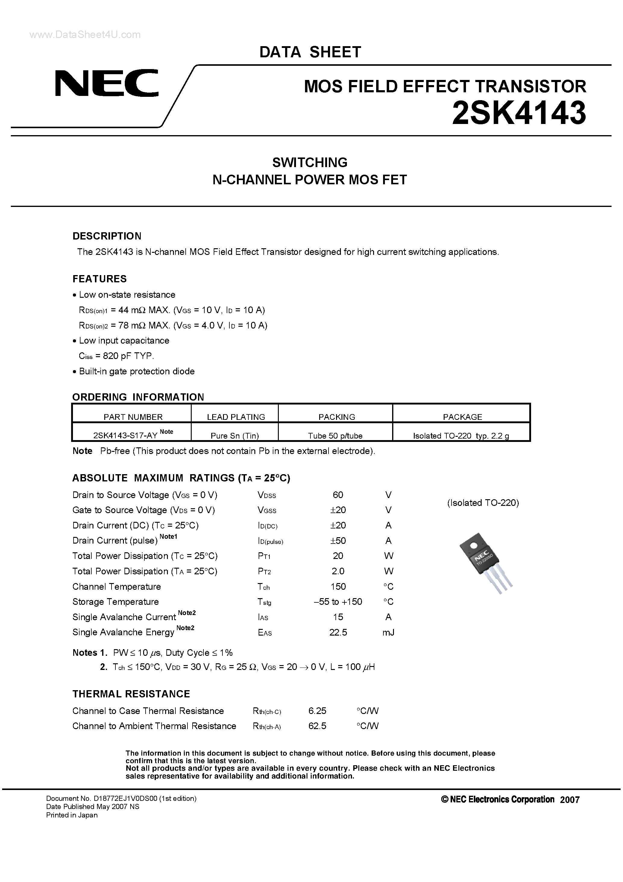 Datasheet 2SK4143 - SWITCHING N-CHANNEL POWER MOS FET page 1