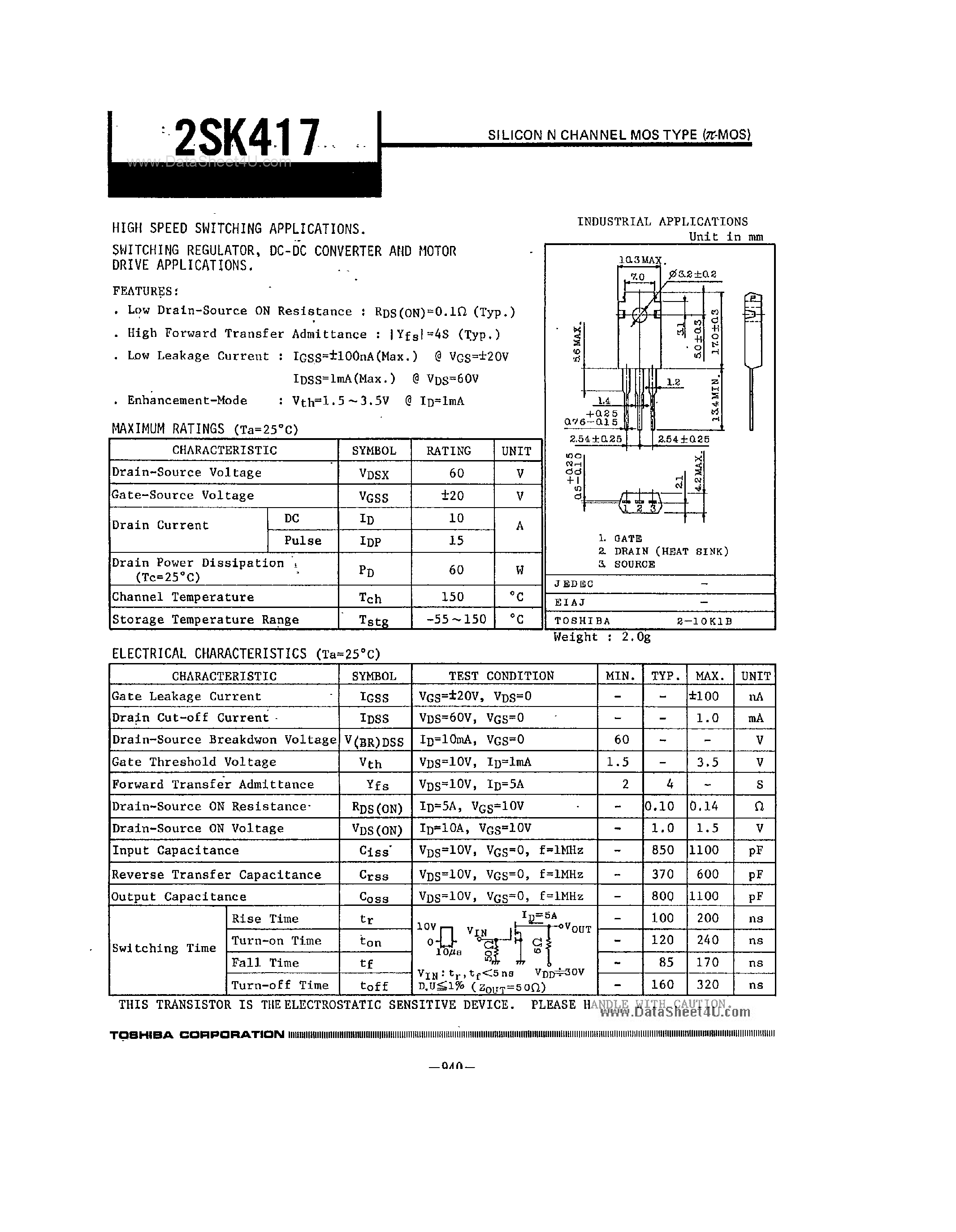 Даташит на микросхему 2SK417 страница 1 Даташит 2SK417 - Silicon N-Channel MOS Type страница 1