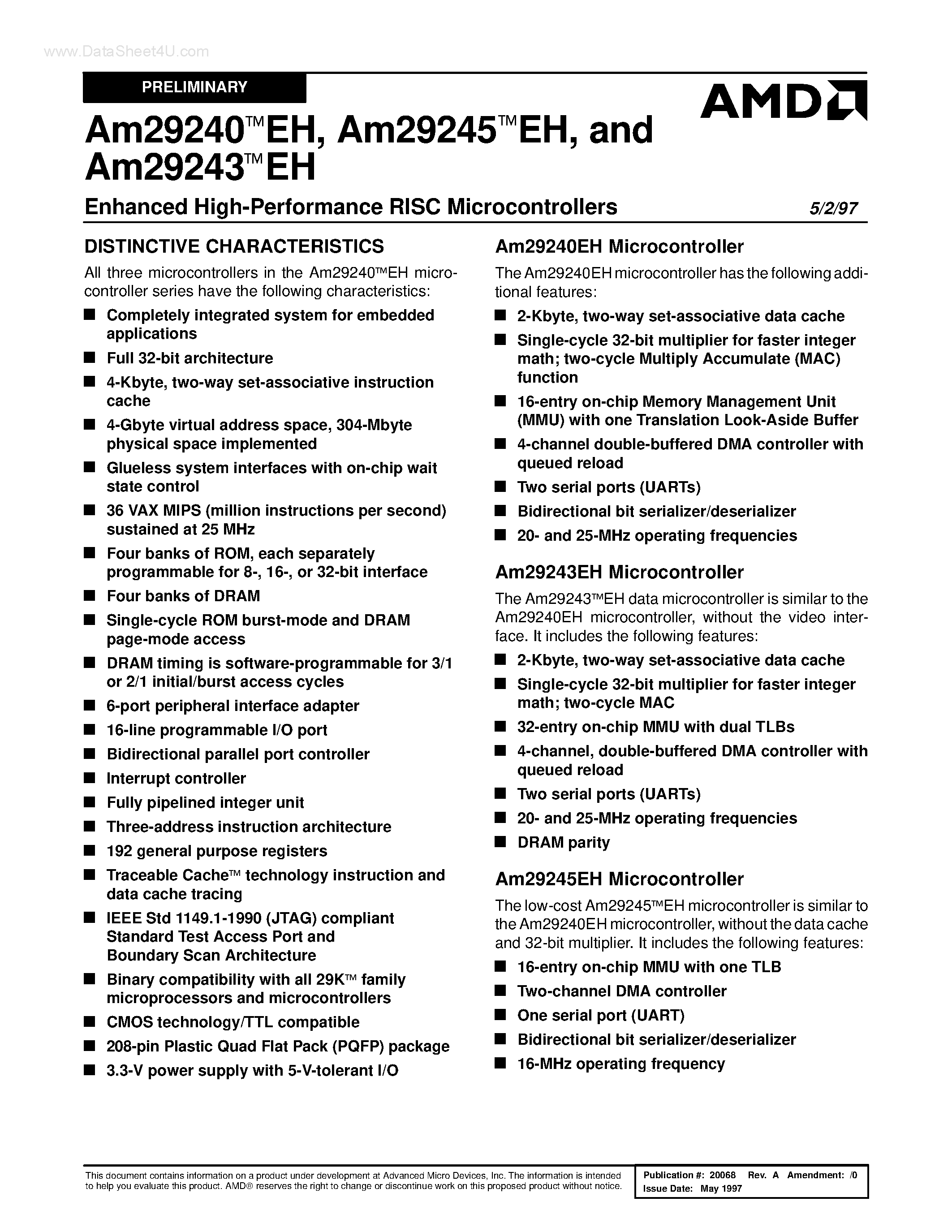 Datasheet AM29240EH - (AM29240EH / AM29243EH) Enhanced High-Performance RISC Microcontrollers page 1