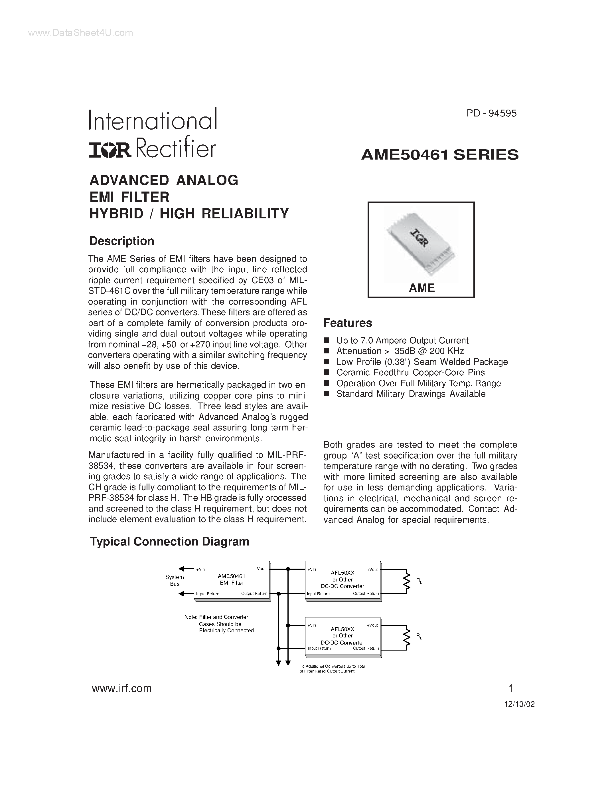 Datasheet AME50461 - ADVANCED ANALOG EMI FILTER HYBRID / HIGH RELIABILITY page 1