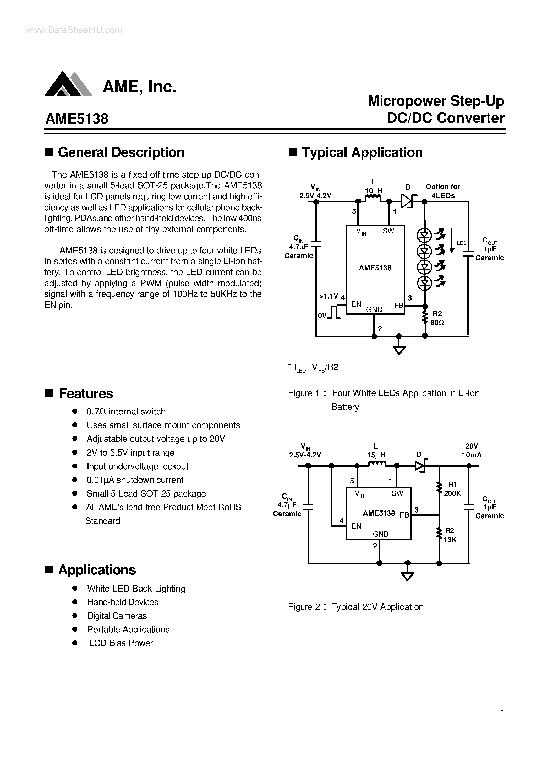 Даташит на микросхему AME5138 страница 1 Даташит AME5138 - Micropower Step-Up DC/DC Converter страница 1